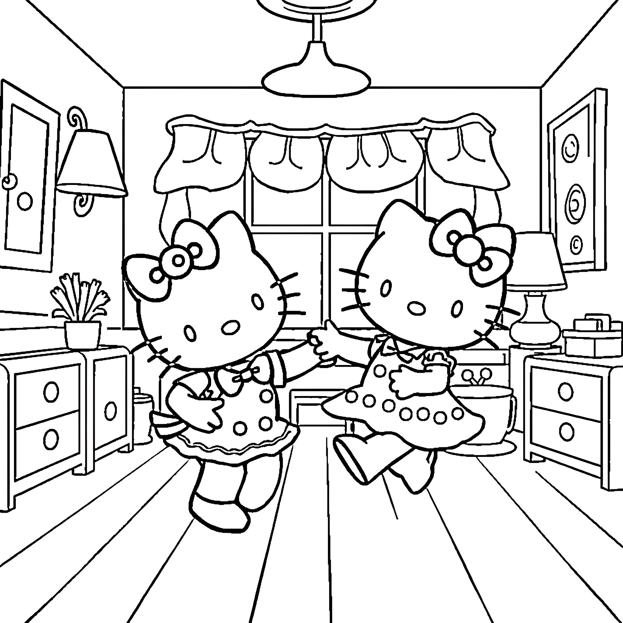 Hello Kitty enjoying a playful day at home Coloring Page (free black-and-white line drawing printable PDF for all, from beginners to advanced learners, including children, teens, adults, and seniors)