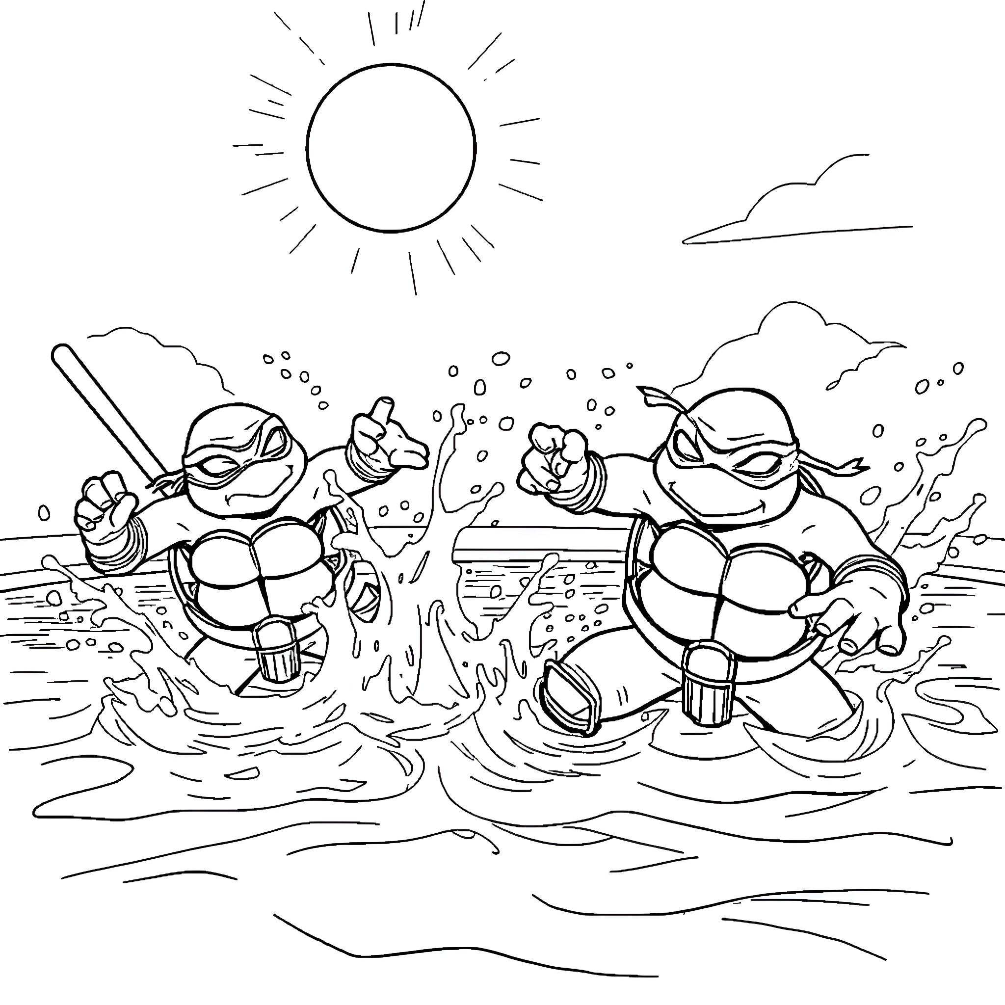 Ninja Turtles playing in the ocean Coloring Page (free black-and-white line drawing printable PDF for all, from beginners to advanced learners, including children, teens, adults, and seniors)