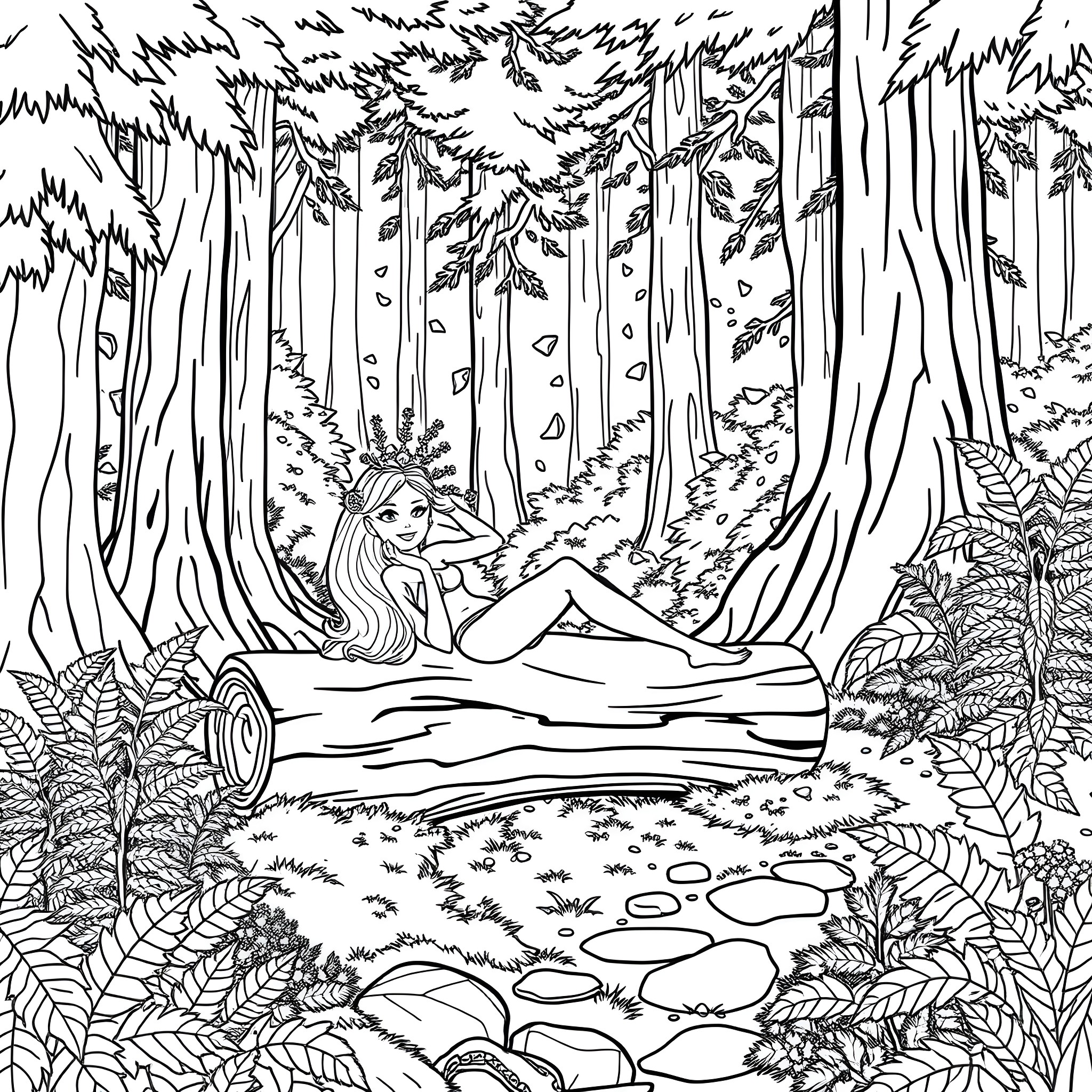Barbie relaxing in enchanted forest Coloring Page (free black-and-white line drawing printable PDF for all, from beginners to advanced learners, including children, teens, adults, and seniors)