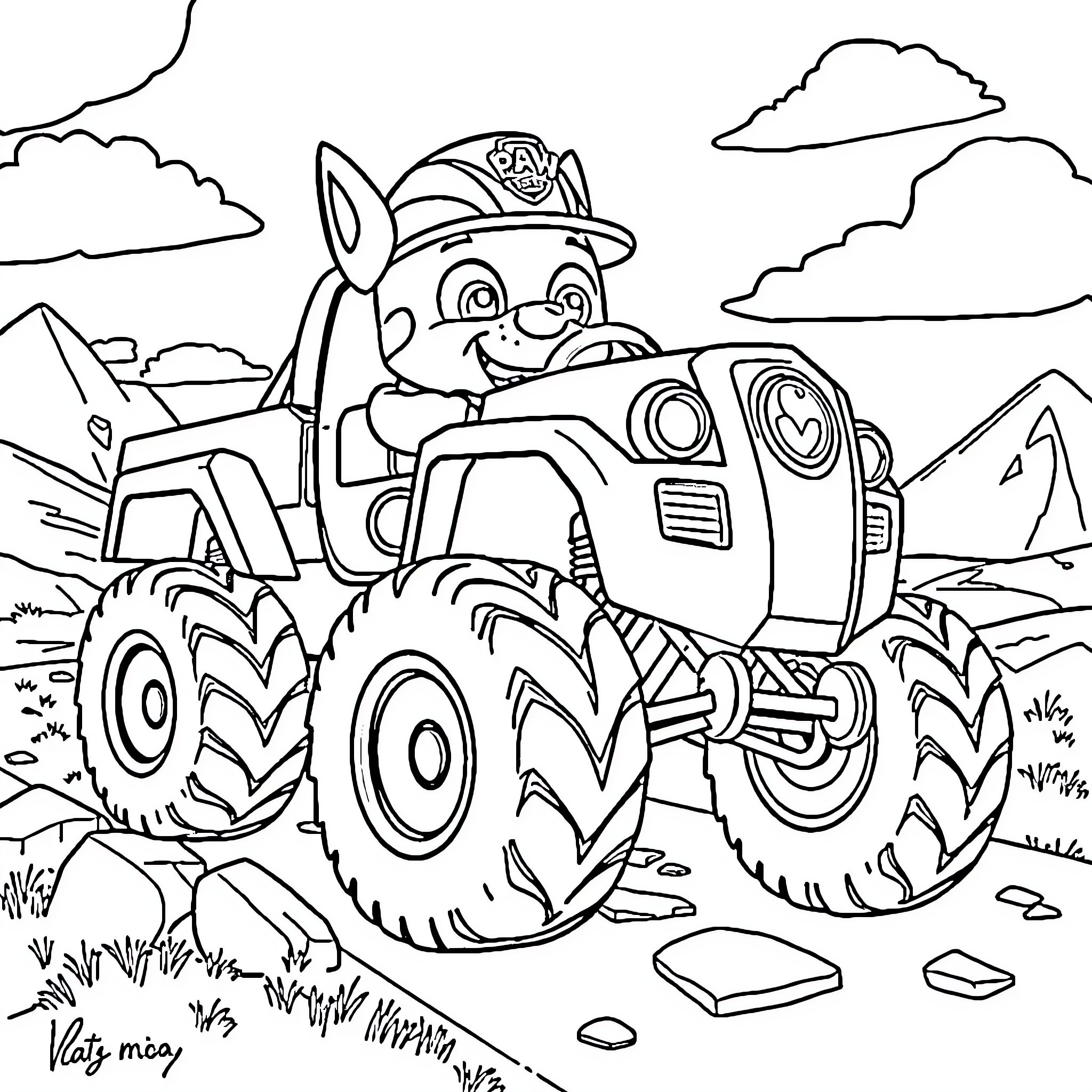Rocky exploring the rugged terrain with his trusty tractor Coloring Page (free black-and-white line drawing printable PDF for all, from beginners to advanced learners, including children, teens, adults, and seniors)