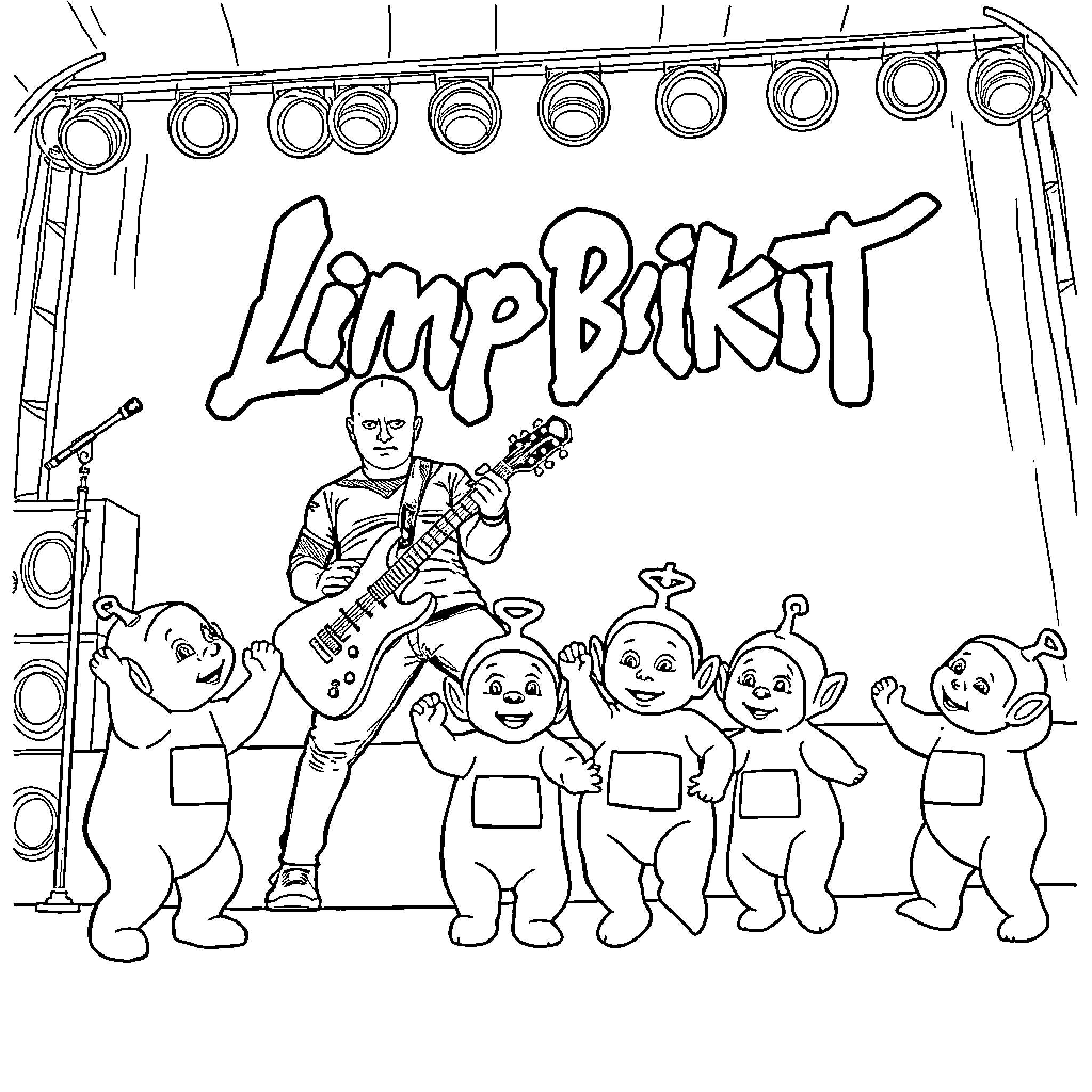Limp Bizkit performing on stage with cartoon characters Coloring Page (free black-and-white line drawing printable PDF for all, from beginners to advanced learners, including children, teens, adults, and seniors)