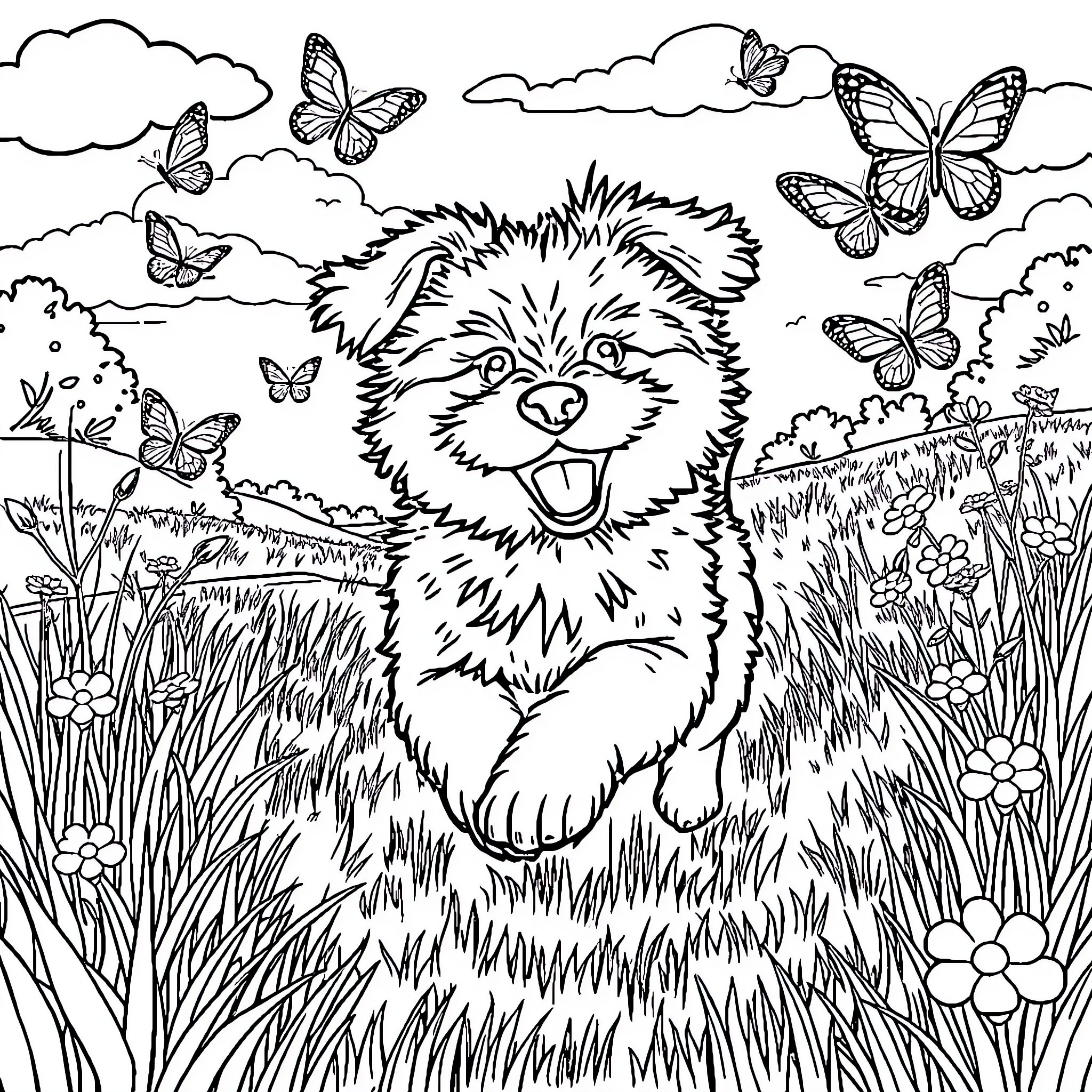 Dog frolicking cheerfully among butterflies and flowers Coloring Page (free black-and-white line drawing printable PDF for all, from beginners to advanced learners, including children, teens, adults, and seniors)