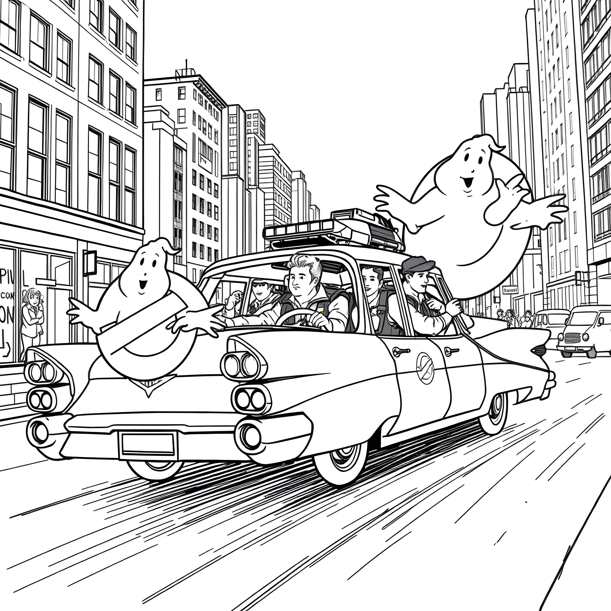 Ghostbusters racing through the city streets Coloring Page (free black-and-white line drawing printable PDF for all, from beginners to advanced learners, including children, teens, adults, and seniors)