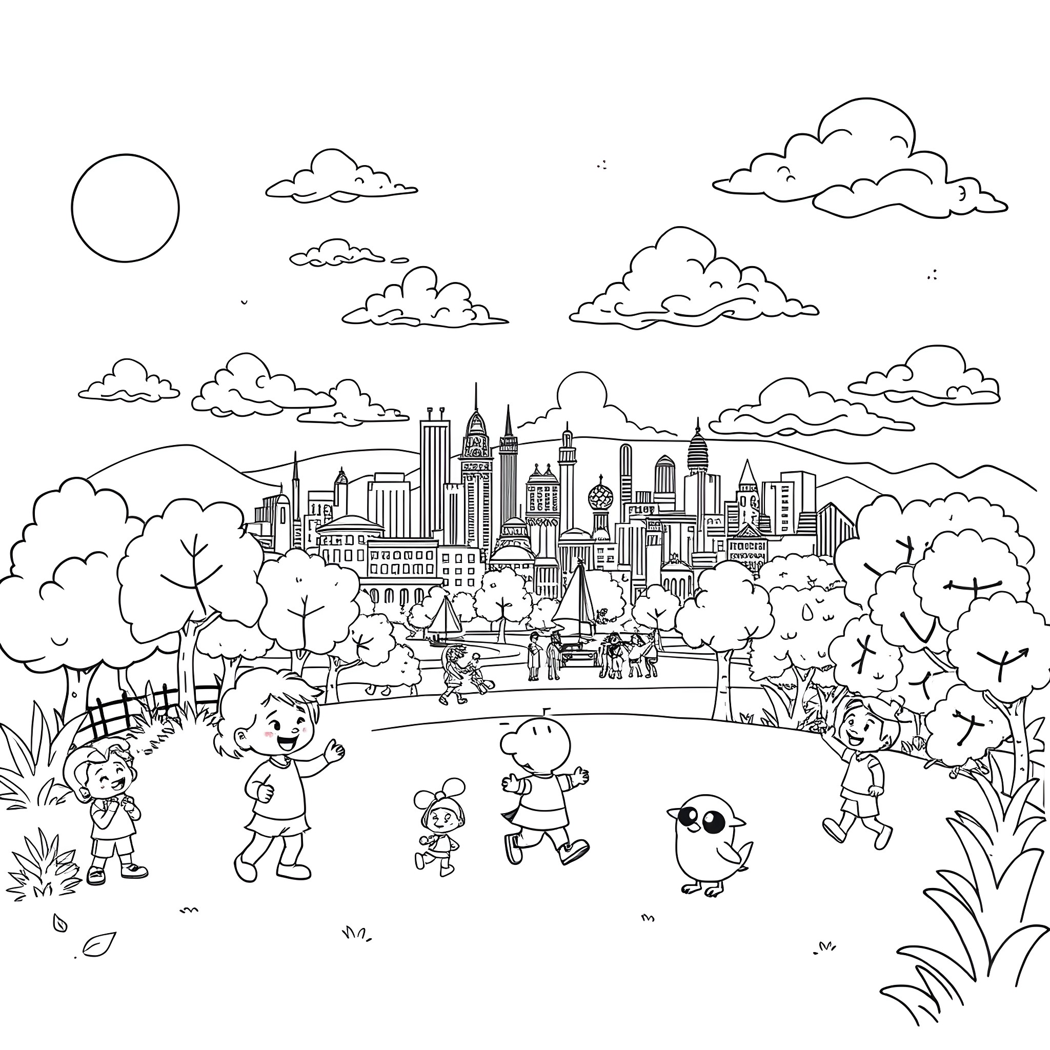Cartoon Characters Enjoying a Day in the City Park Coloring Page (free black-and-white line drawing printable PDF for all, from beginners to advanced learners, including children, teens, adults, and seniors)