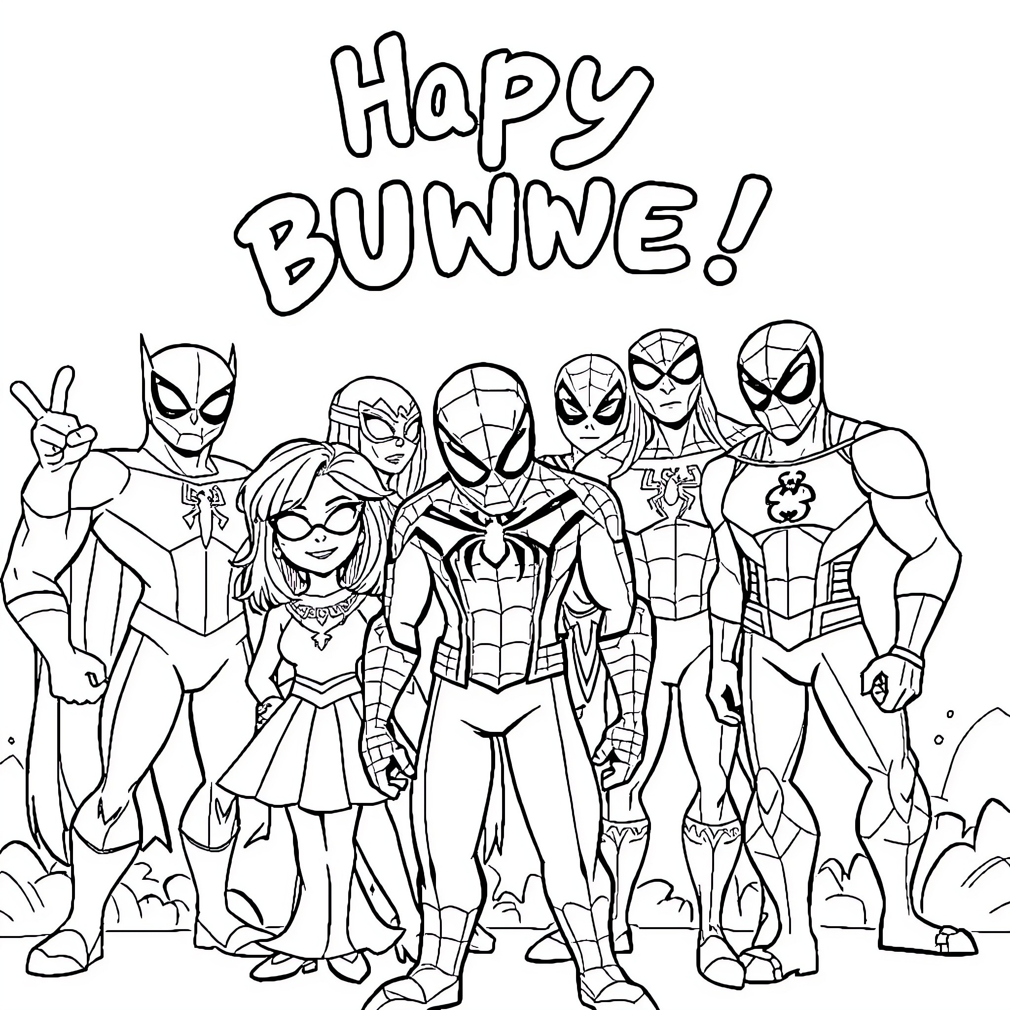 Spidey and friends strike fun poses together Coloring Page (free black-and-white line drawing printable PDF for all, from beginners to advanced learners, including children, teens, adults, and seniors)