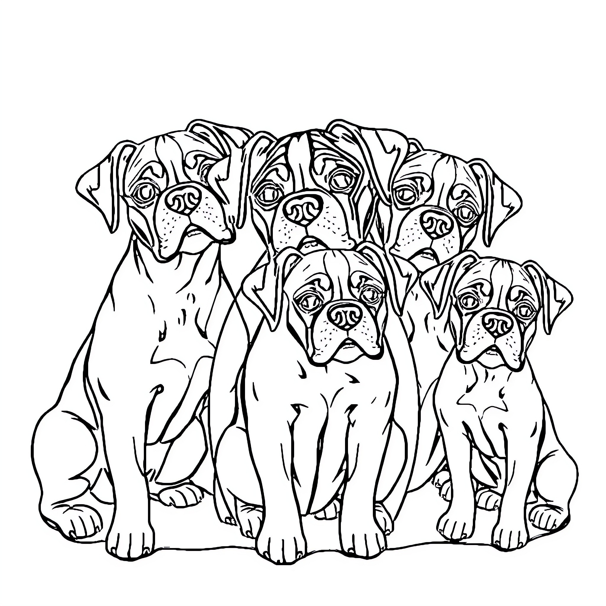 Boxer dogs in a group portrait Coloring Page (free black-and-white line drawing printable PDF for all, from beginners to advanced learners, including children, teens, adults, and seniors)