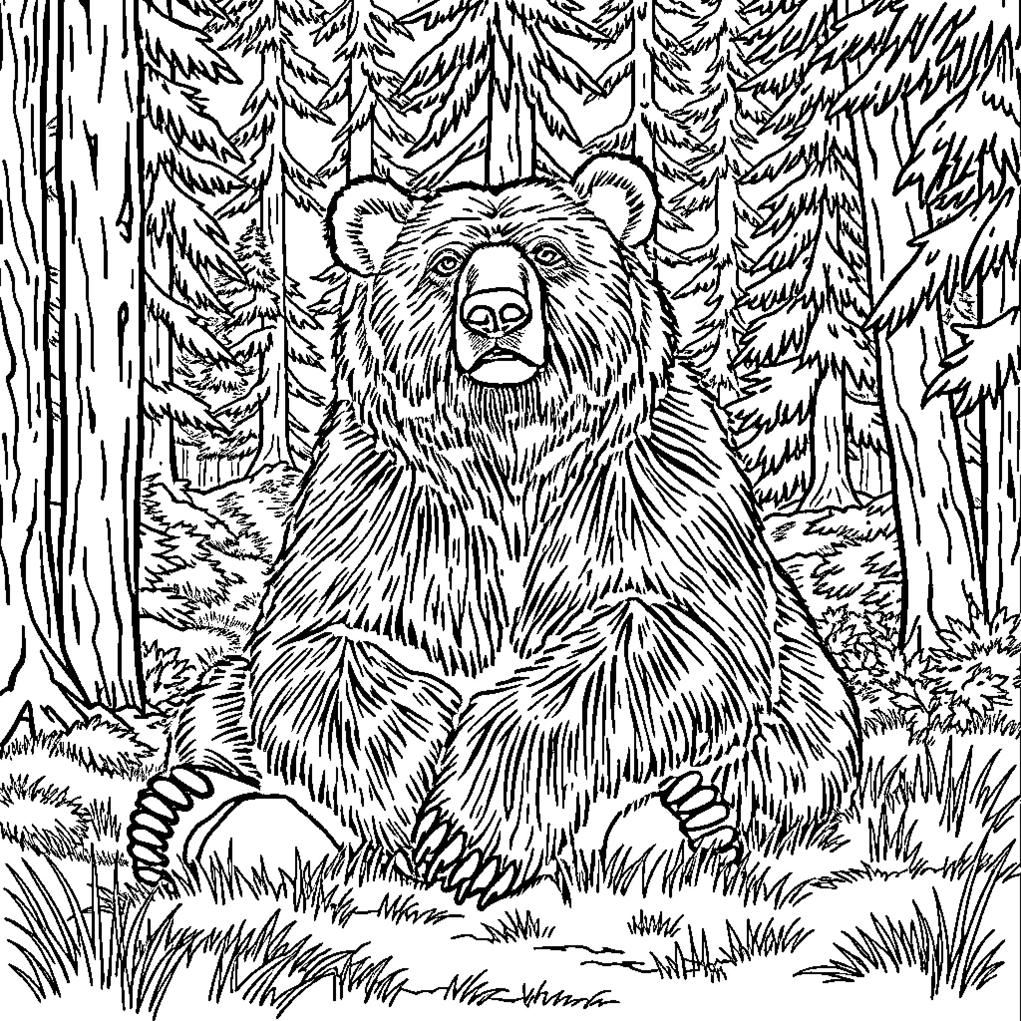 Grizzly Bear Resting in Forest Wilderness Coloring Page (free black-and-white line drawing printable PDF for all, from beginners to advanced learners, including children, teens, adults, and seniors)