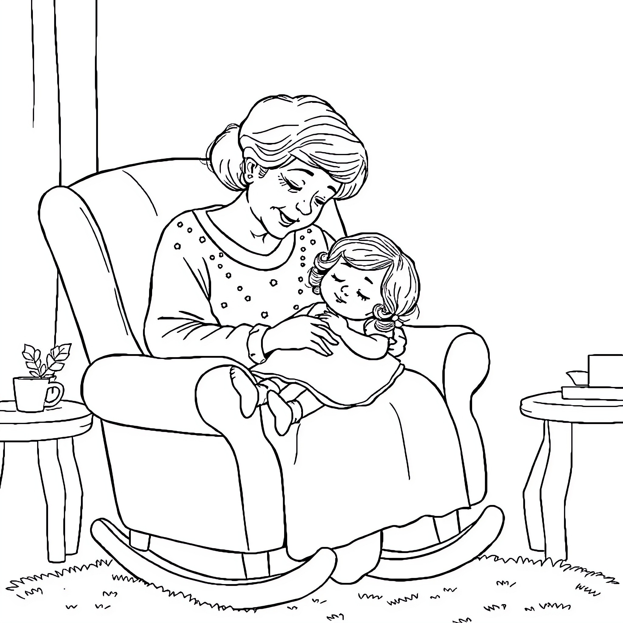 Grandma comforting and soothing her grandchild Coloring Page (free black-and-white line drawing printable PDF for all, from beginners to advanced learners, including children, teens, adults, and seniors)