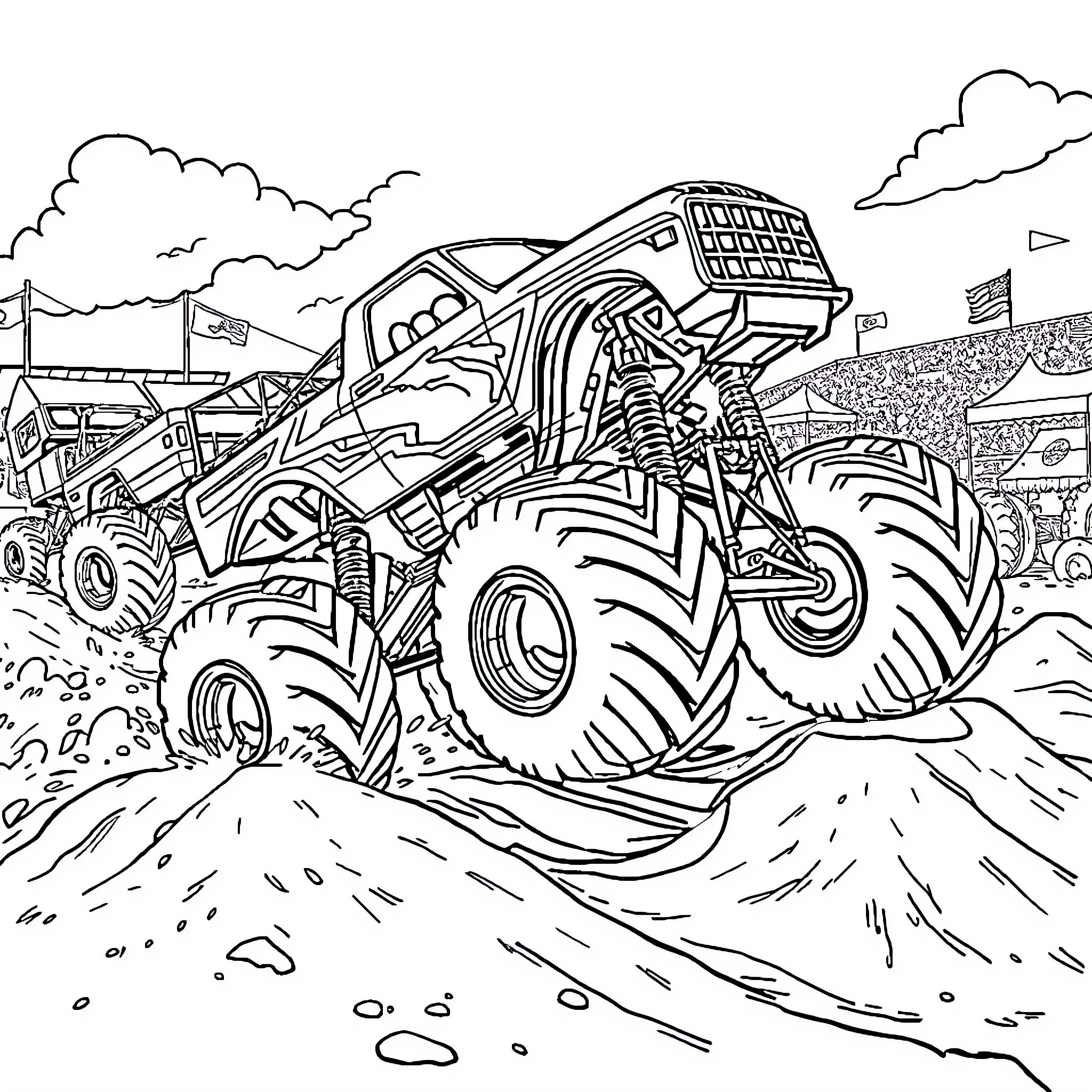 Monster Truck Performing Thrilling Stunts on the Track Coloring Page (free black-and-white line drawing printable PDF for all, from beginners to advanced learners, including children, teens, adults, and seniors)