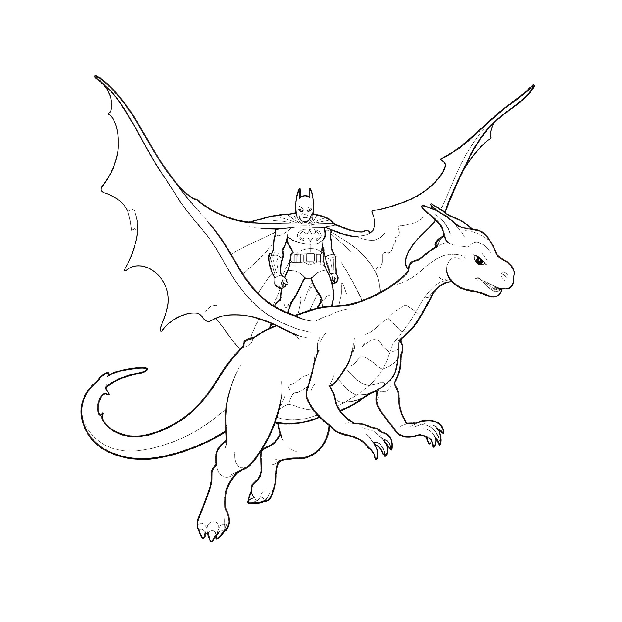 Batman riding a fearsome dragon Coloring Page (free black-and-white line drawing printable PDF for all, from beginners to advanced learners, including children, teens, adults, and seniors)