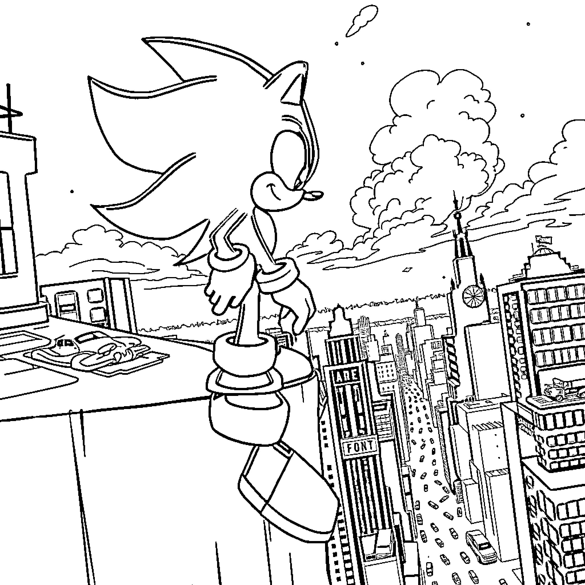 Shadow of a heroic figure overlooking the cityscape Coloring Page (free black-and-white line drawing printable PDF for all, from beginners to advanced learners, including children, teens, adults, and seniors)