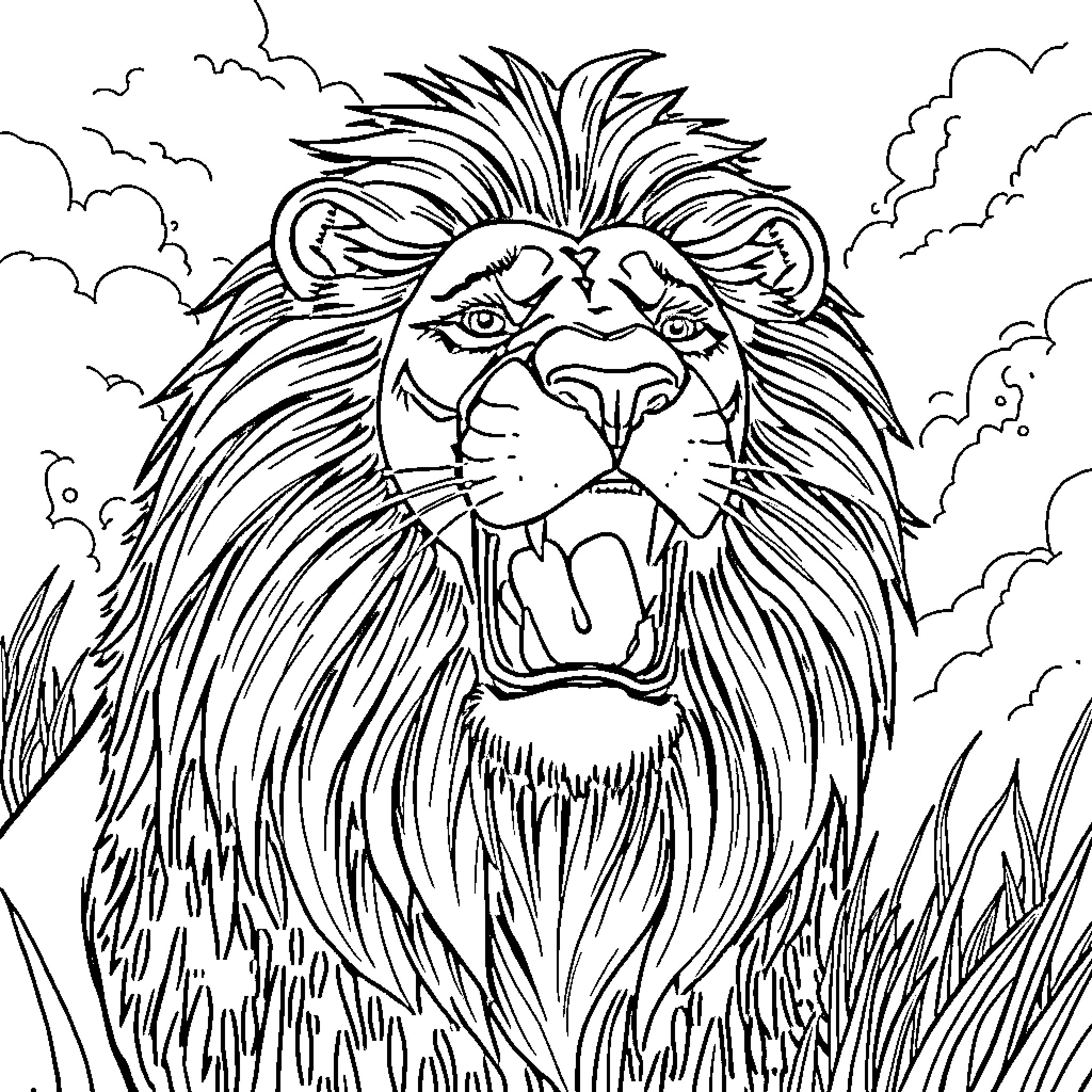 Lion with fierce expression in the wild Coloring Page (free black-and-white line drawing printable PDF for all, from beginners to advanced learners, including children, teens, adults, and seniors)