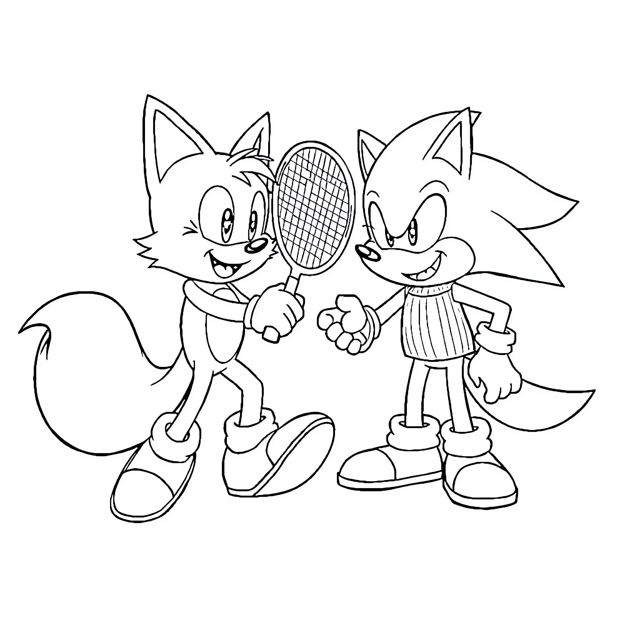 Tails Competing in Playful Tennis Match Coloring Page (free black-and-white line drawing printable PDF for all, from beginners to advanced learners, including children, teens, adults, and seniors)