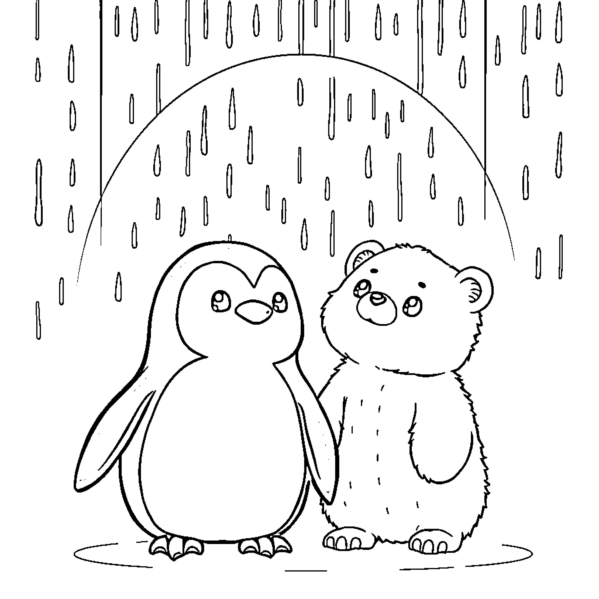 Penguin and bear enjoying the rainy day Coloring Page (free black-and-white line drawing printable PDF for all, from beginners to advanced learners, including children, teens, adults, and seniors)