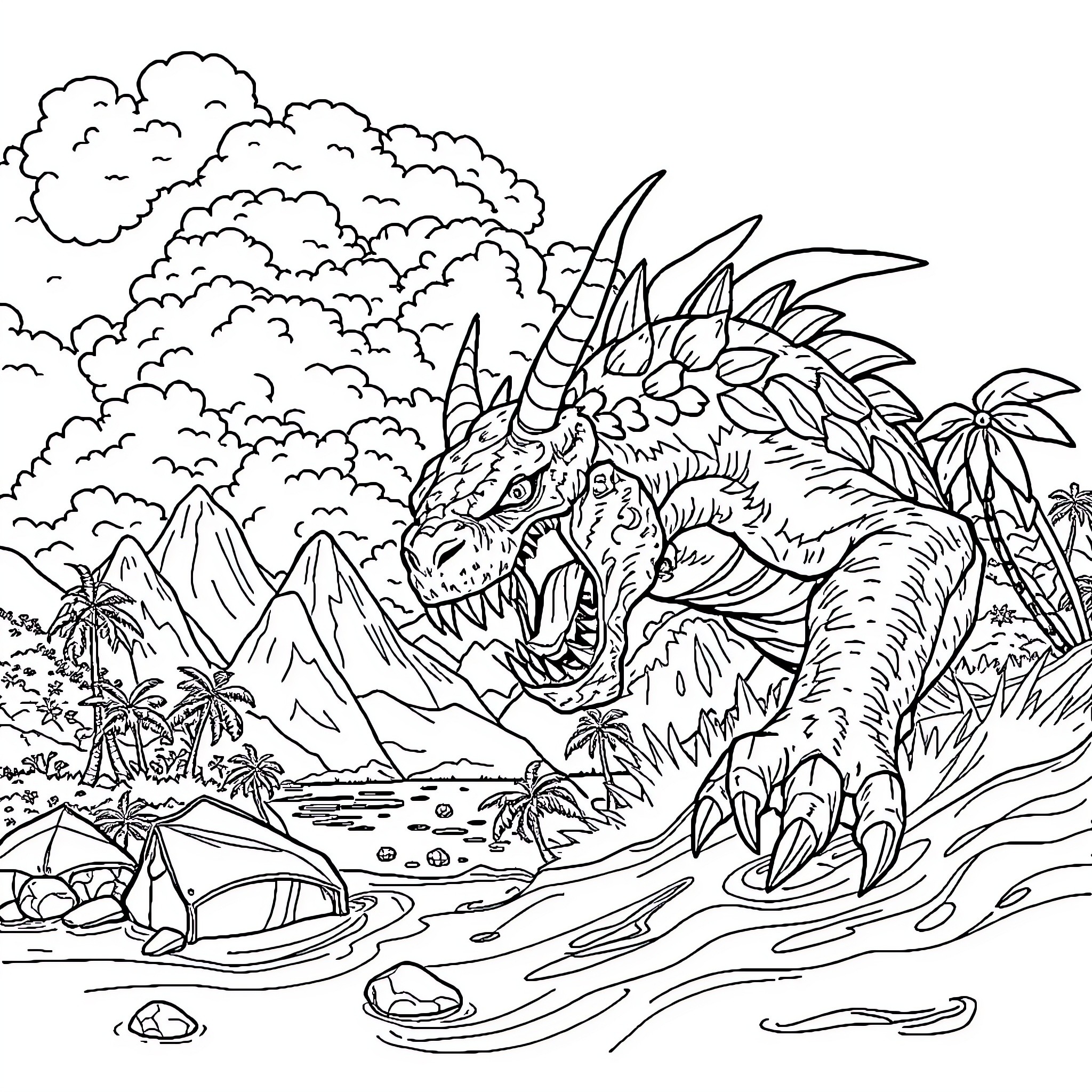 Monster stalking through prehistoric jungle landscape Coloring Page (free black-and-white line drawing printable PDF for all, from beginners to advanced learners, including children, teens, adults, and seniors)
