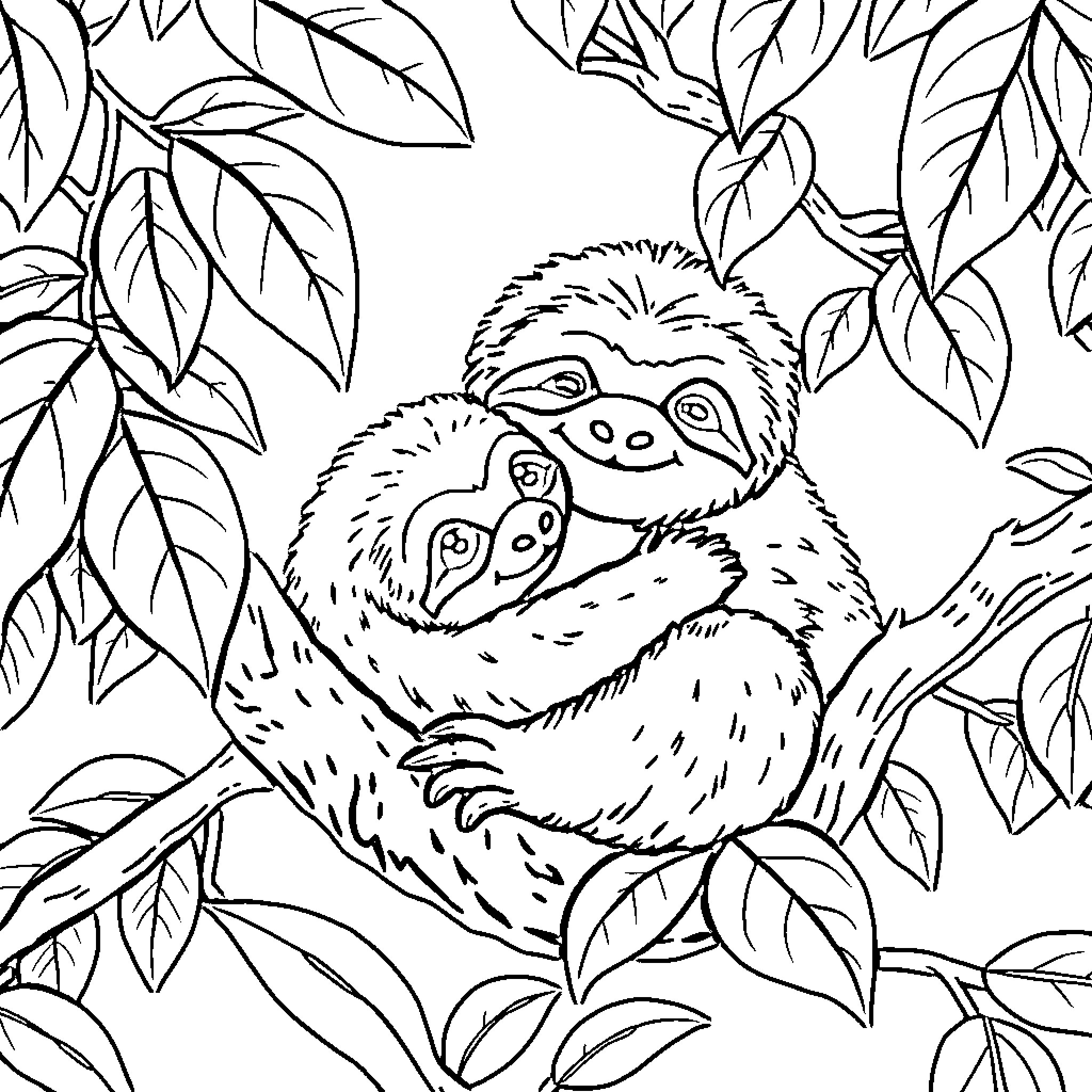 Sloth resting peacefully in lush foliage Coloring Page (free black-and-white line drawing printable PDF for all, from beginners to advanced learners, including children, teens, adults, and seniors)