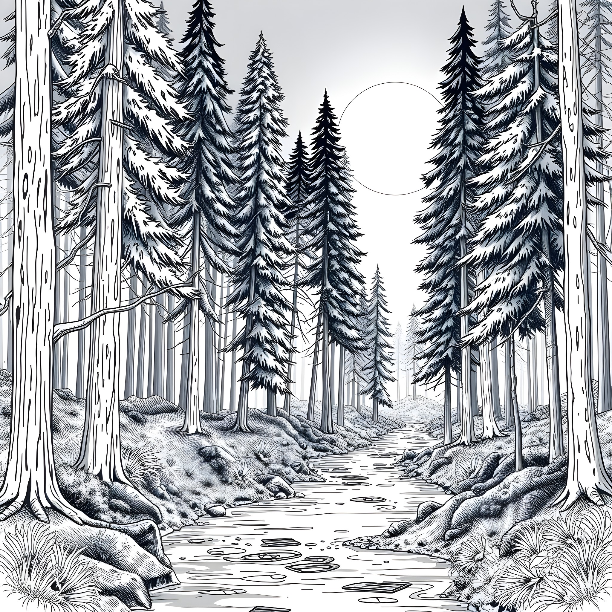 Moon over a snowy forest path Coloring Page (free black-and-white line drawing printable PDF for all, from beginners to advanced learners, including children, teens, adults, and seniors)