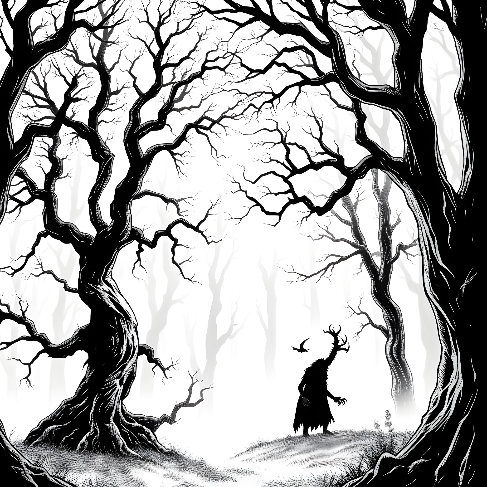 Wendigo stalking through the haunted forest Coloring Page (free black-and-white line drawing printable PDF for all, from beginners to advanced learners, including children, teens, adults, and seniors)