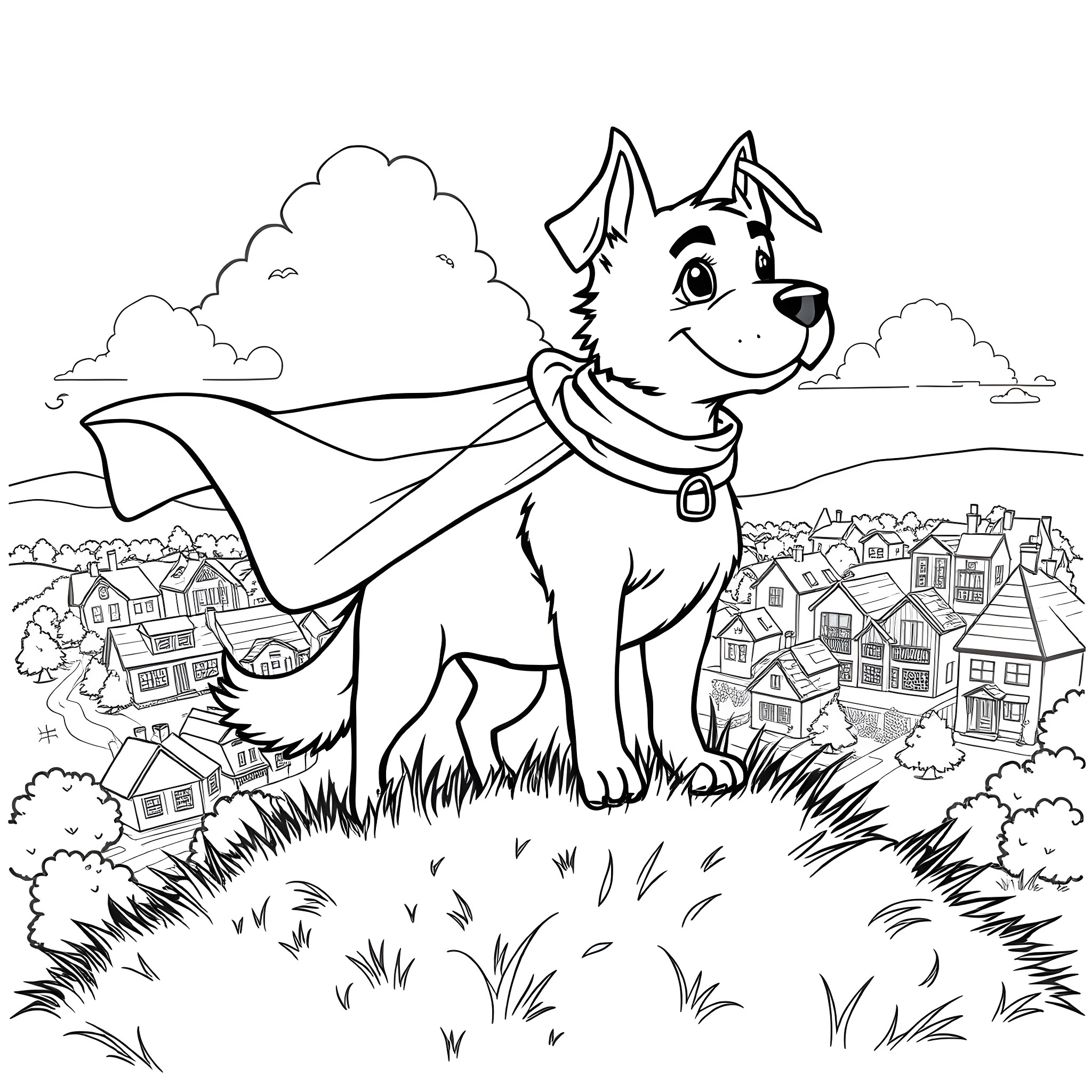 Dog standing heroically on a grassy hill overlooking a village Coloring Page (free black-and-white line drawing printable PDF for all, from beginners to advanced learners, including children, teens, adults, and seniors)