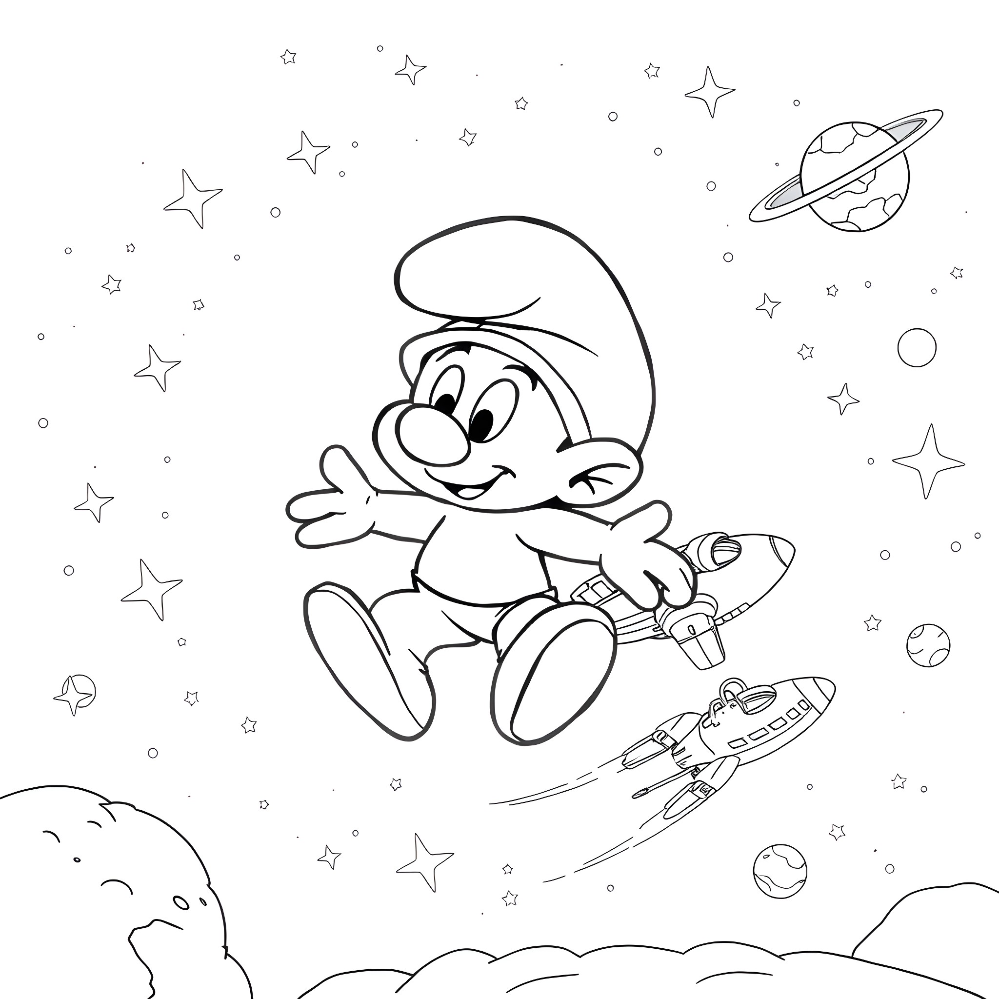 Smurf Astronaut Exploring the Cosmic Wonders Coloring Page (free black-and-white line drawing printable PDF for all, from beginners to advanced learners, including children, teens, adults, and seniors)