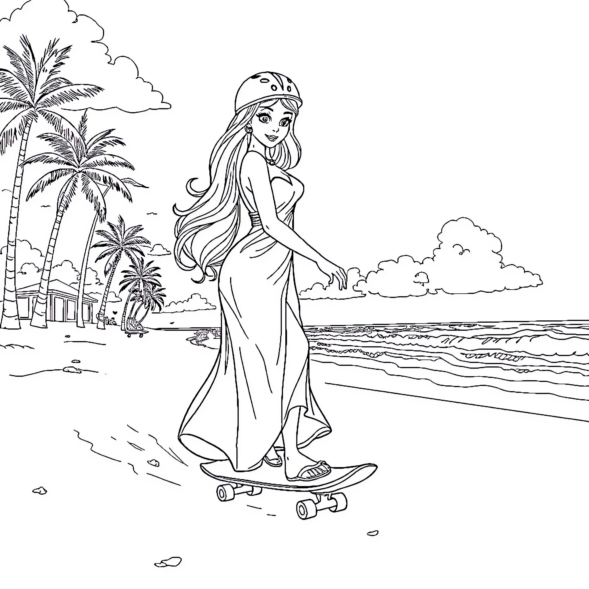 Princess Enjoying a Beachside Skateboard Ride Coloring Page (free black-and-white line drawing printable PDF for all, from beginners to advanced learners, including children, teens, adults, and seniors)