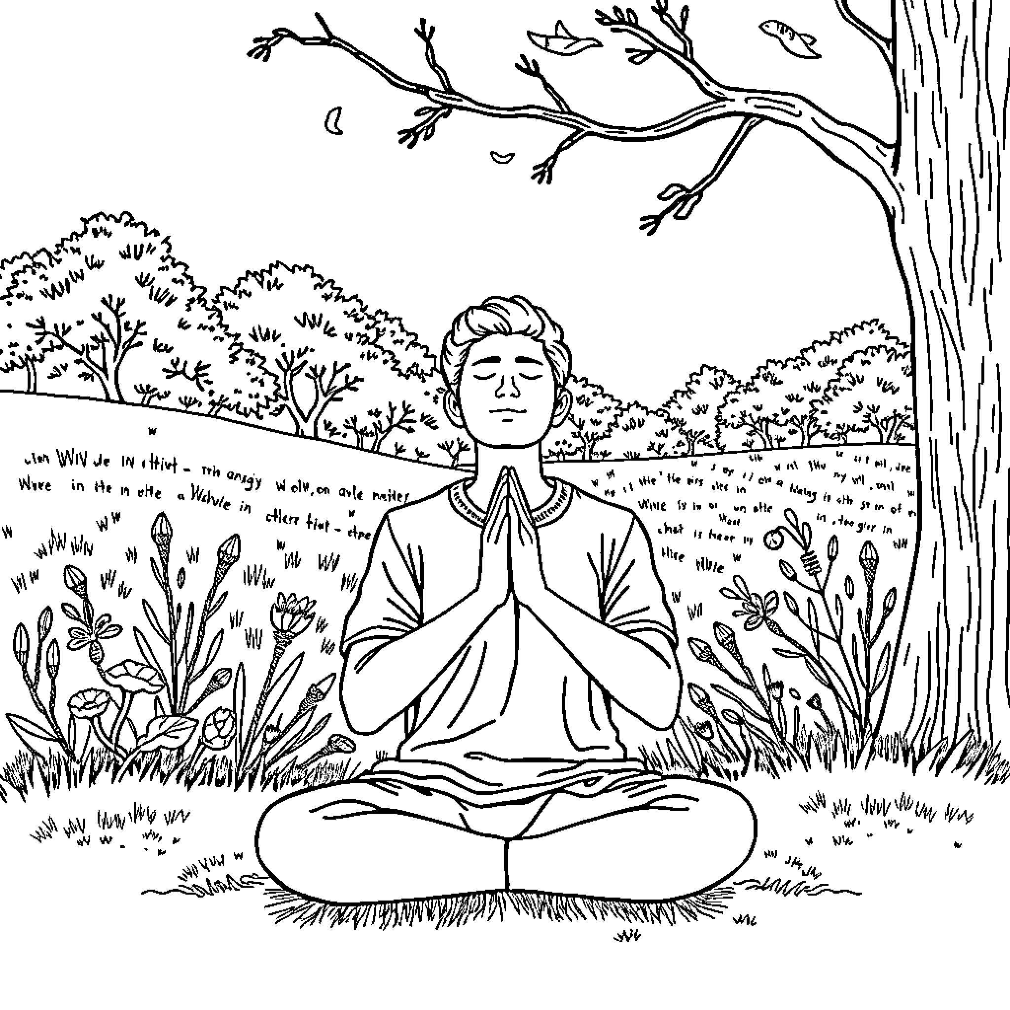 Mindfulness - Person meditating in nature Coloring Page (free black-and-white line drawing printable PDF for all, from beginners to advanced learners, including children, teens, adults, and seniors)