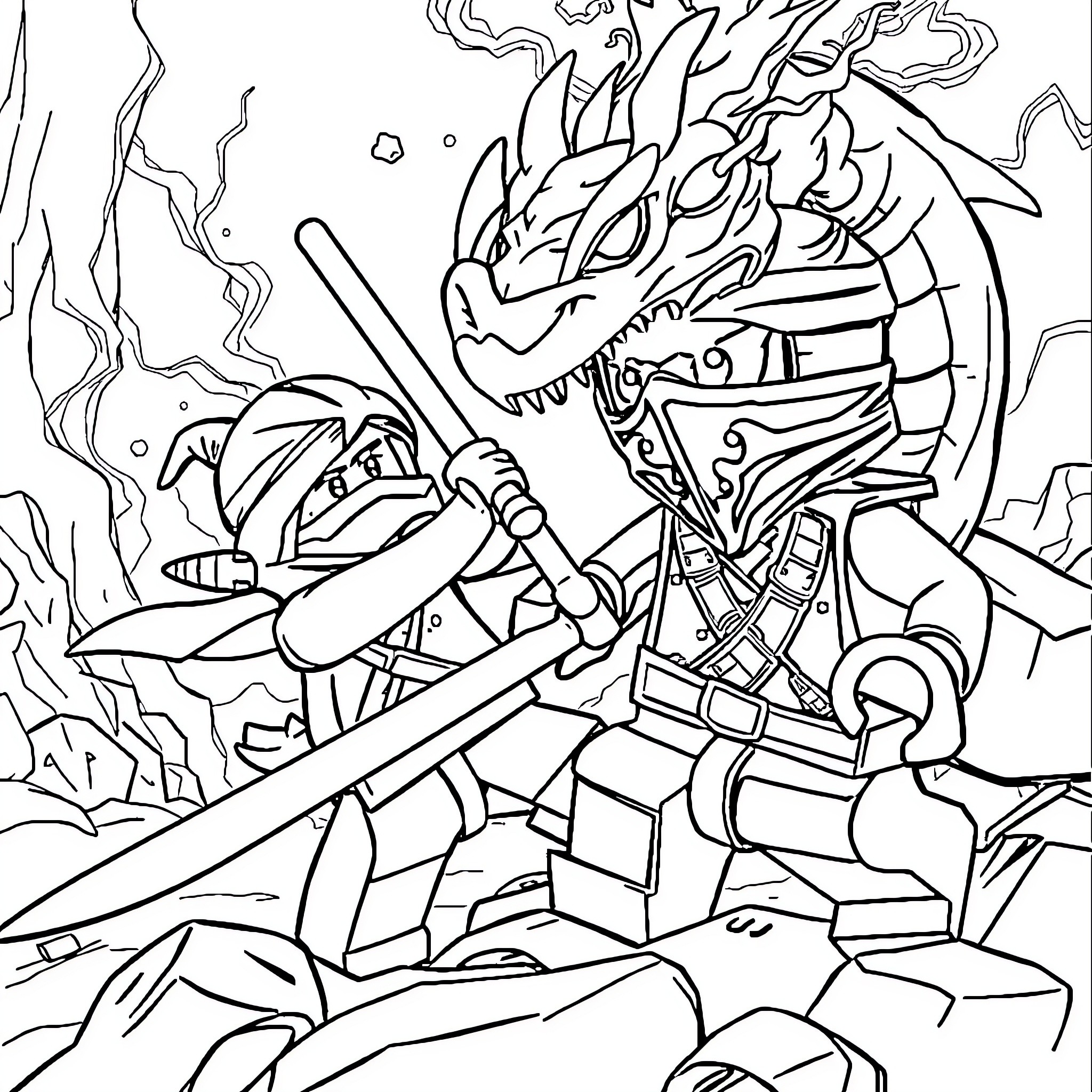 Ninjago warriors battling a fierce dragon Coloring Page (free black-and-white line drawing printable PDF for all, from beginners to advanced learners, including children, teens, adults, and seniors)