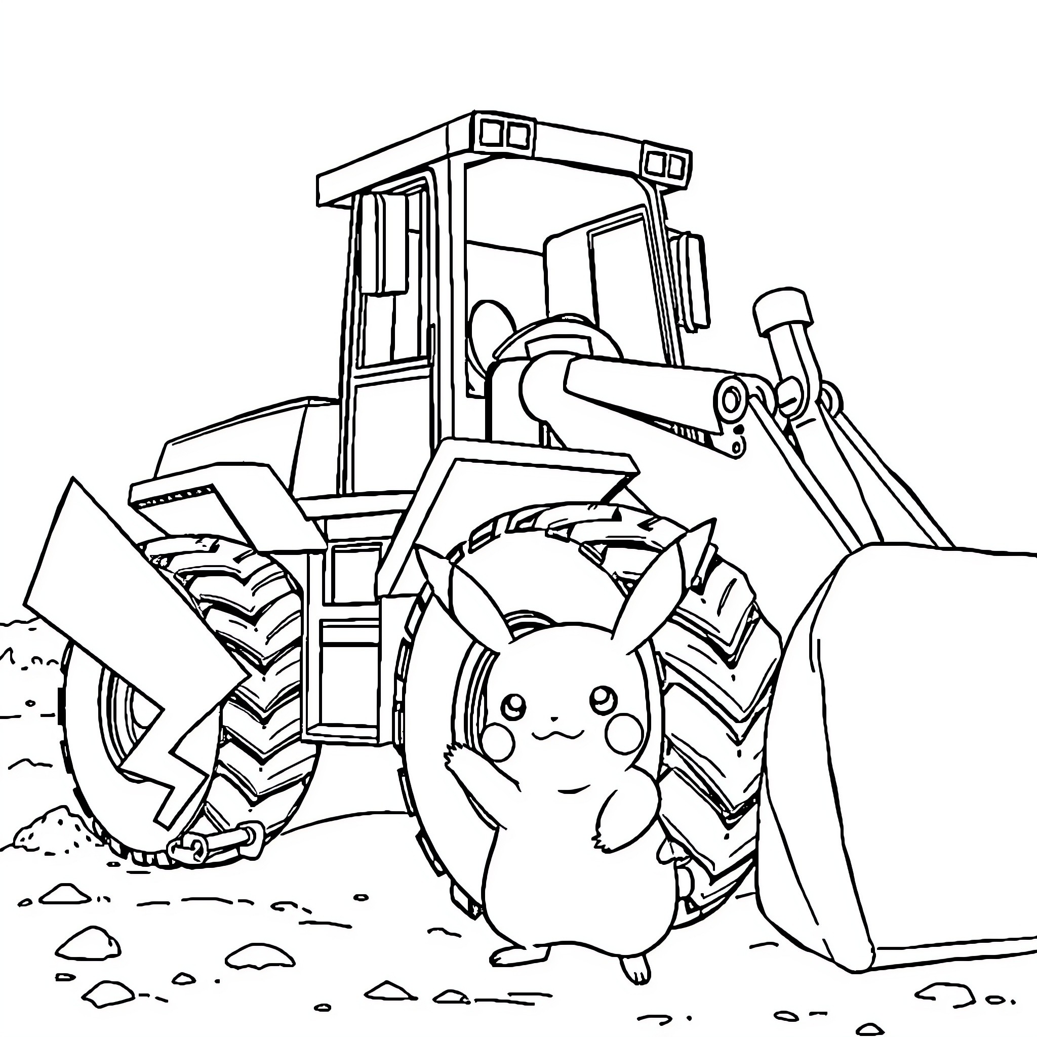 Pikachu drives a tractor on a construction site Coloring Page (free black-and-white line drawing printable PDF for all, from beginners to advanced learners, including children, teens, adults, and seniors)