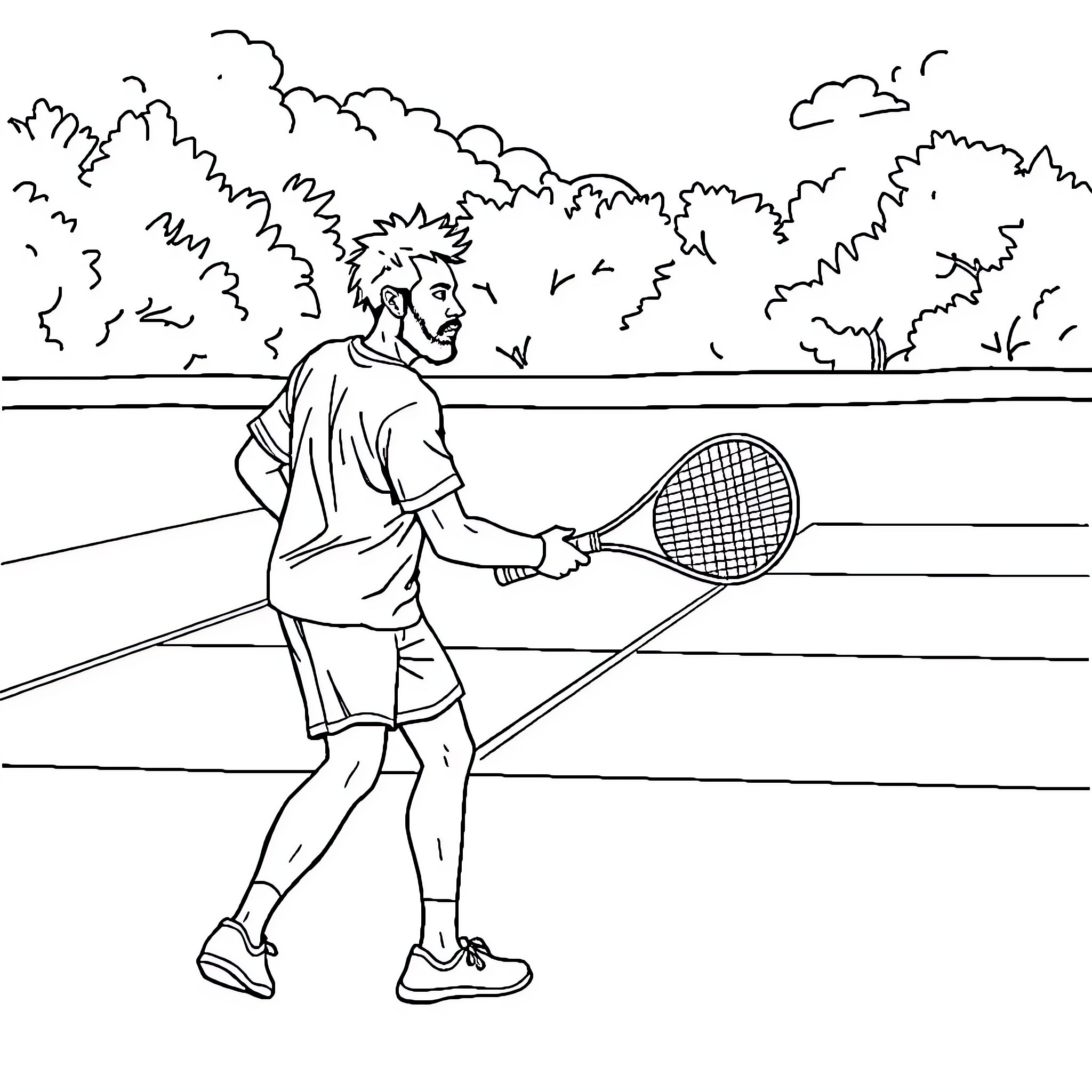 Gims playing tennis on the court Coloring Page (free black-and-white line drawing printable PDF for all, from beginners to advanced learners, including children, teens, adults, and seniors)