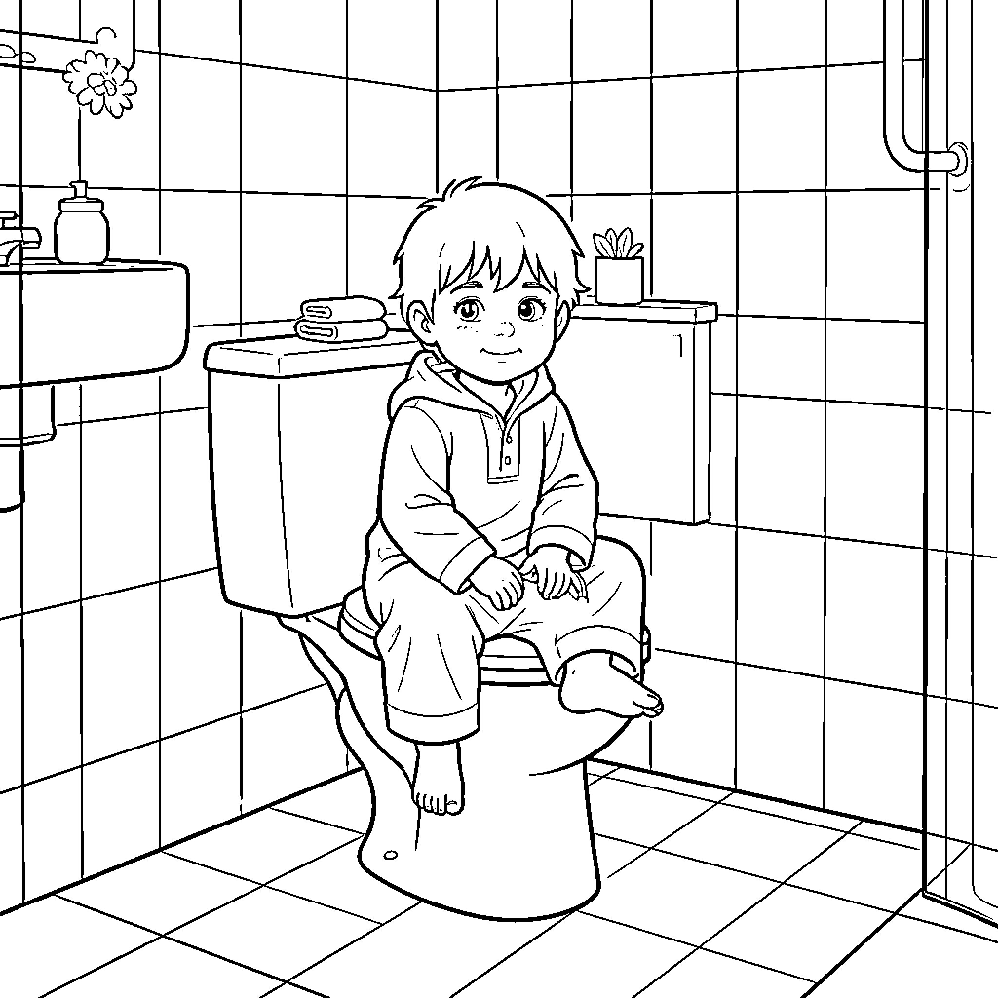 Rumi sitting on a toilet in a bathroom Coloring Page (free black-and-white line drawing printable PDF for all, from beginners to advanced learners, including children, teens, adults, and seniors)