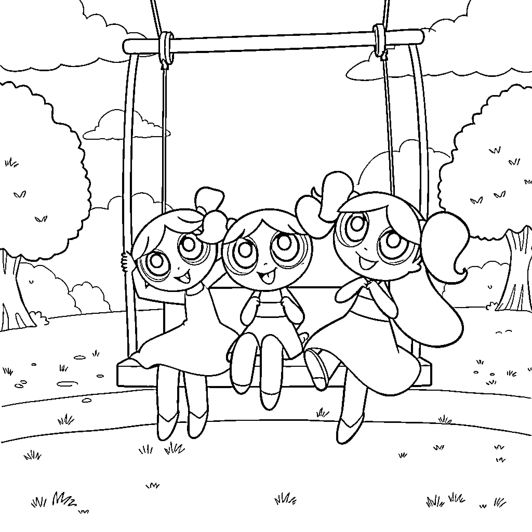 Powerpuff Girls having fun on a swing Coloring Page (free black-and-white line drawing printable PDF for all, from beginners to advanced learners, including children, teens, adults, and seniors)