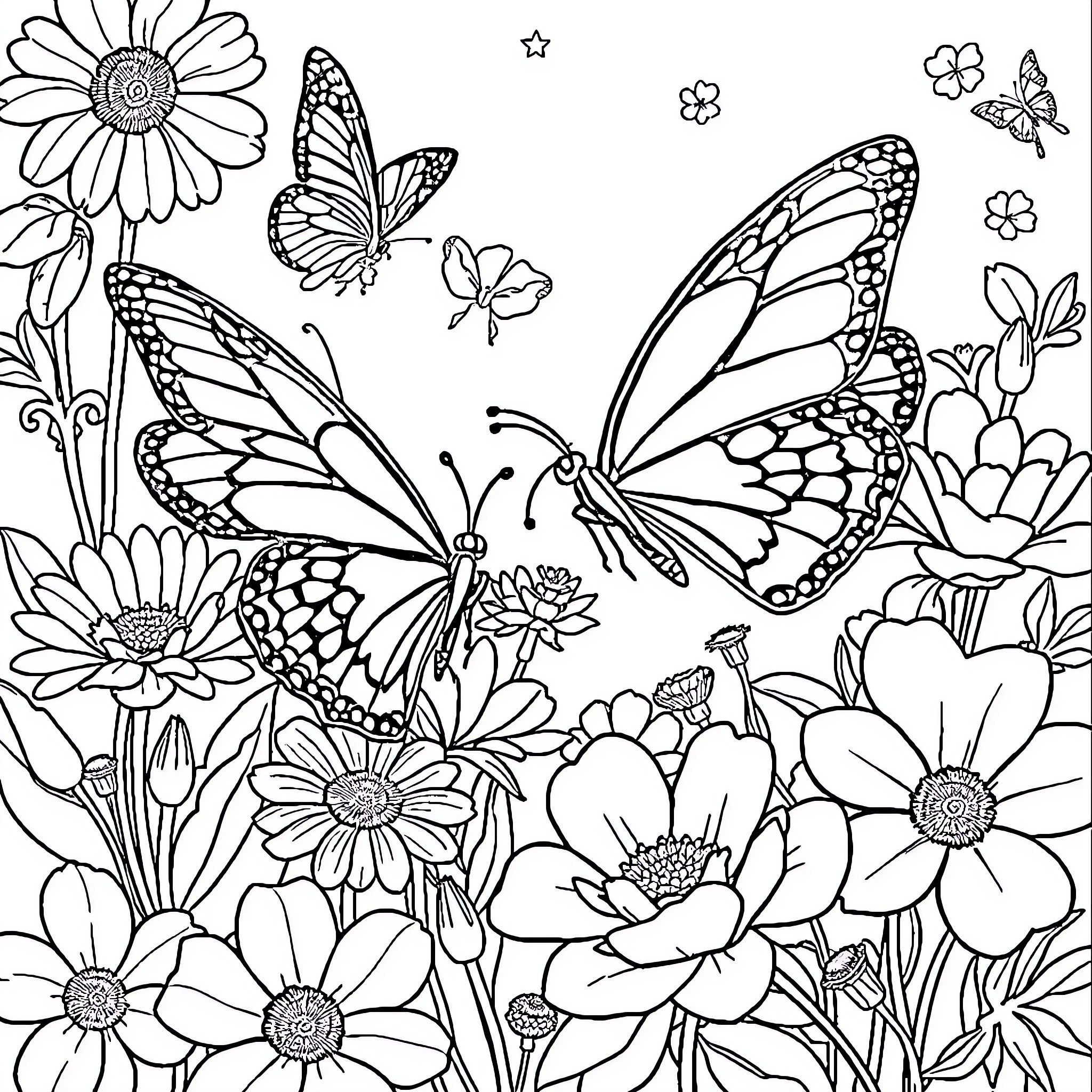 Butterfly Sanctuary with Vibrant Floral Backdrop Coloring Page (free black-and-white line drawing printable PDF for all, from beginners to advanced learners, including children, teens, adults, and seniors)