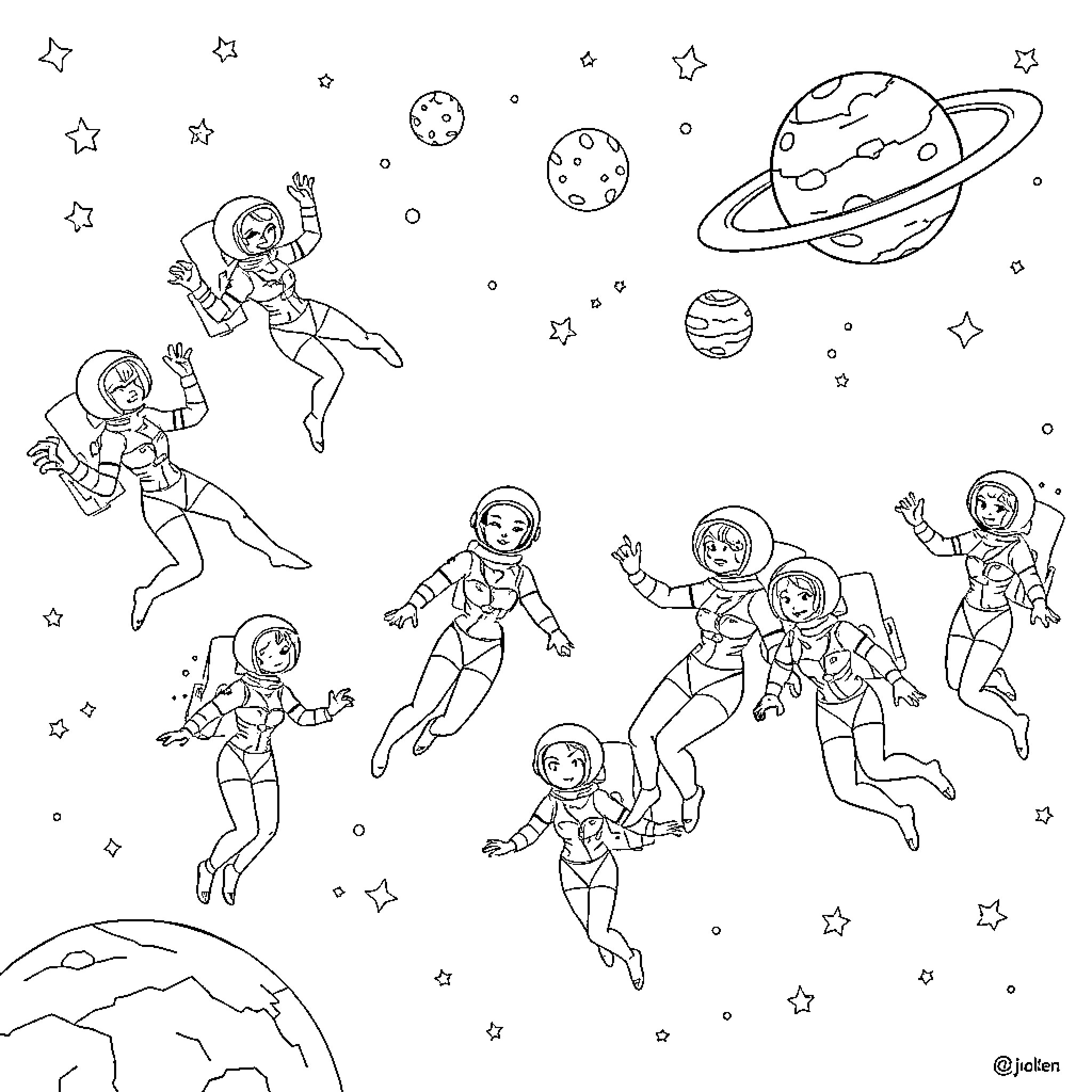 Astronauts floating in outer space with planets and stars Coloring Page (free black-and-white line drawing printable PDF for all, from beginners to advanced learners, including children, teens, adults, and seniors)