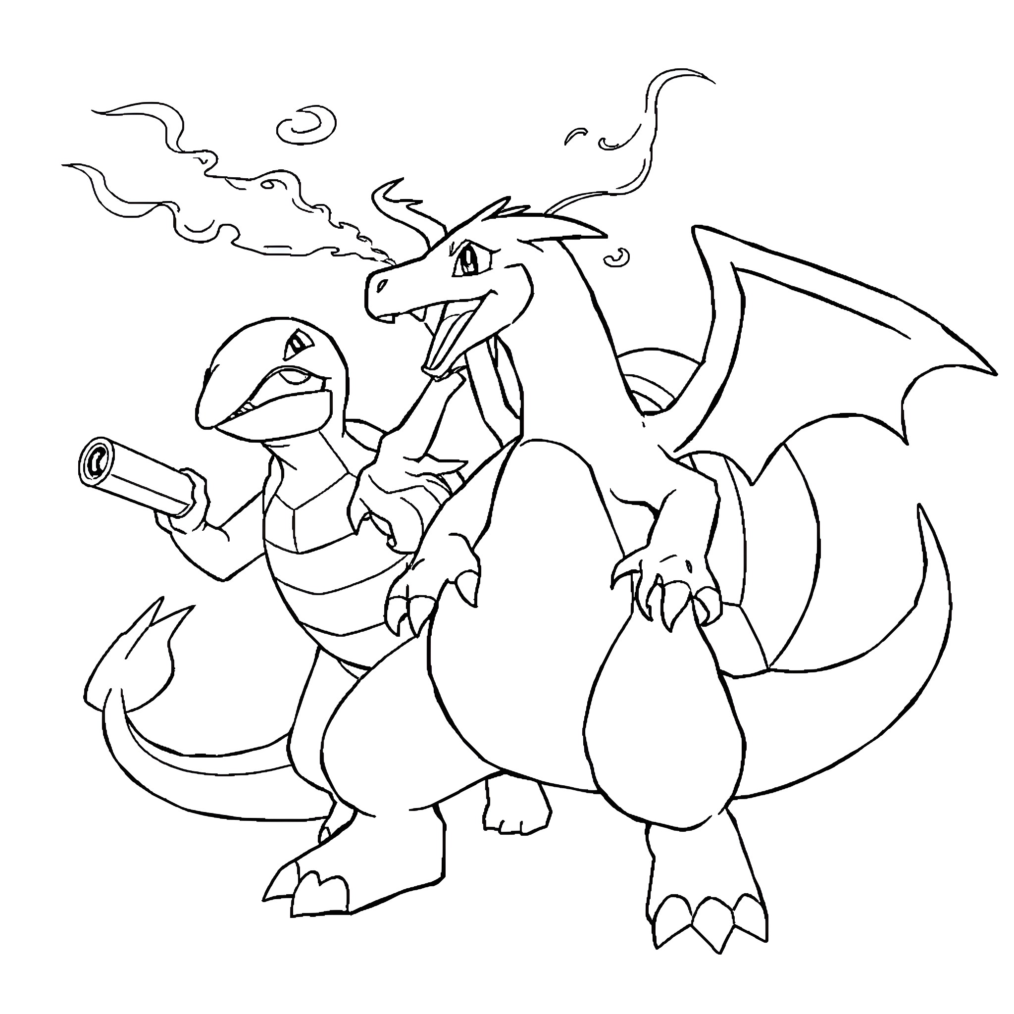 Charizard wielding a cannon in action Coloring Page (free black-and-white line drawing printable PDF for all, from beginners to advanced learners, including children, teens, adults, and seniors)