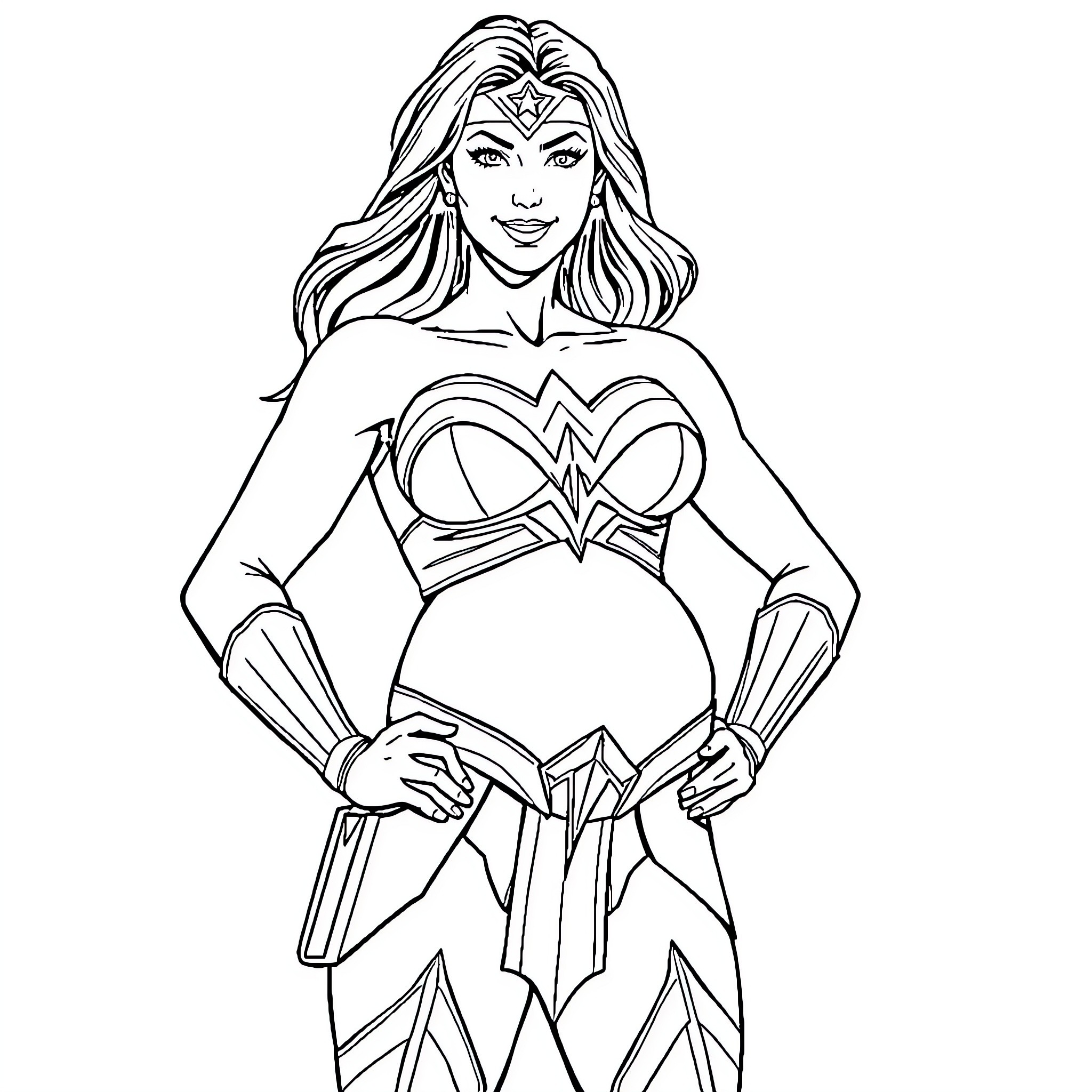 Wonder Woman Superhero in Action Pose Coloring Page (free black-and-white line drawing printable PDF for all, from beginners to advanced learners, including children, teens, adults, and seniors)