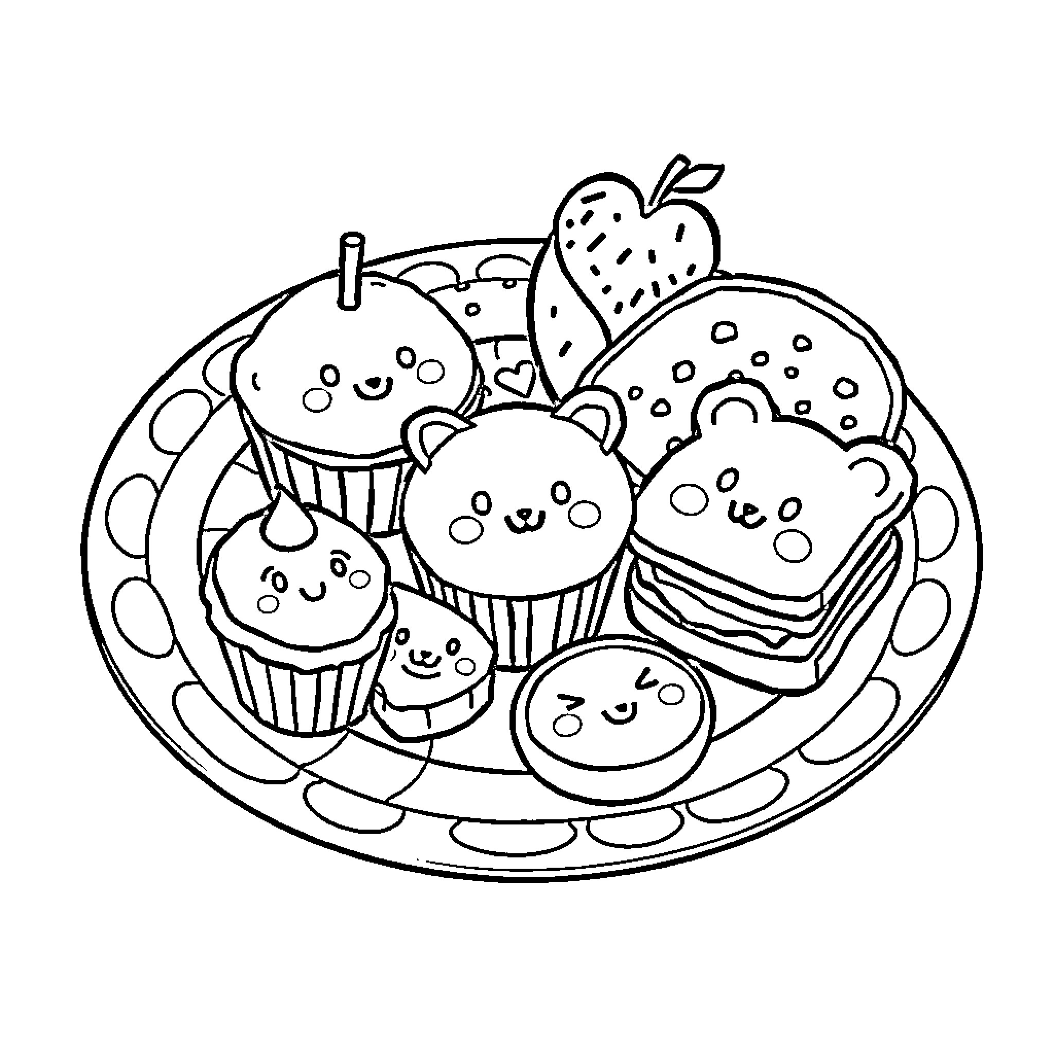 Food with cute expressions and designs Coloring Page (free black-and-white line drawing printable PDF for all, from beginners to advanced learners, including children, teens, adults, and seniors)