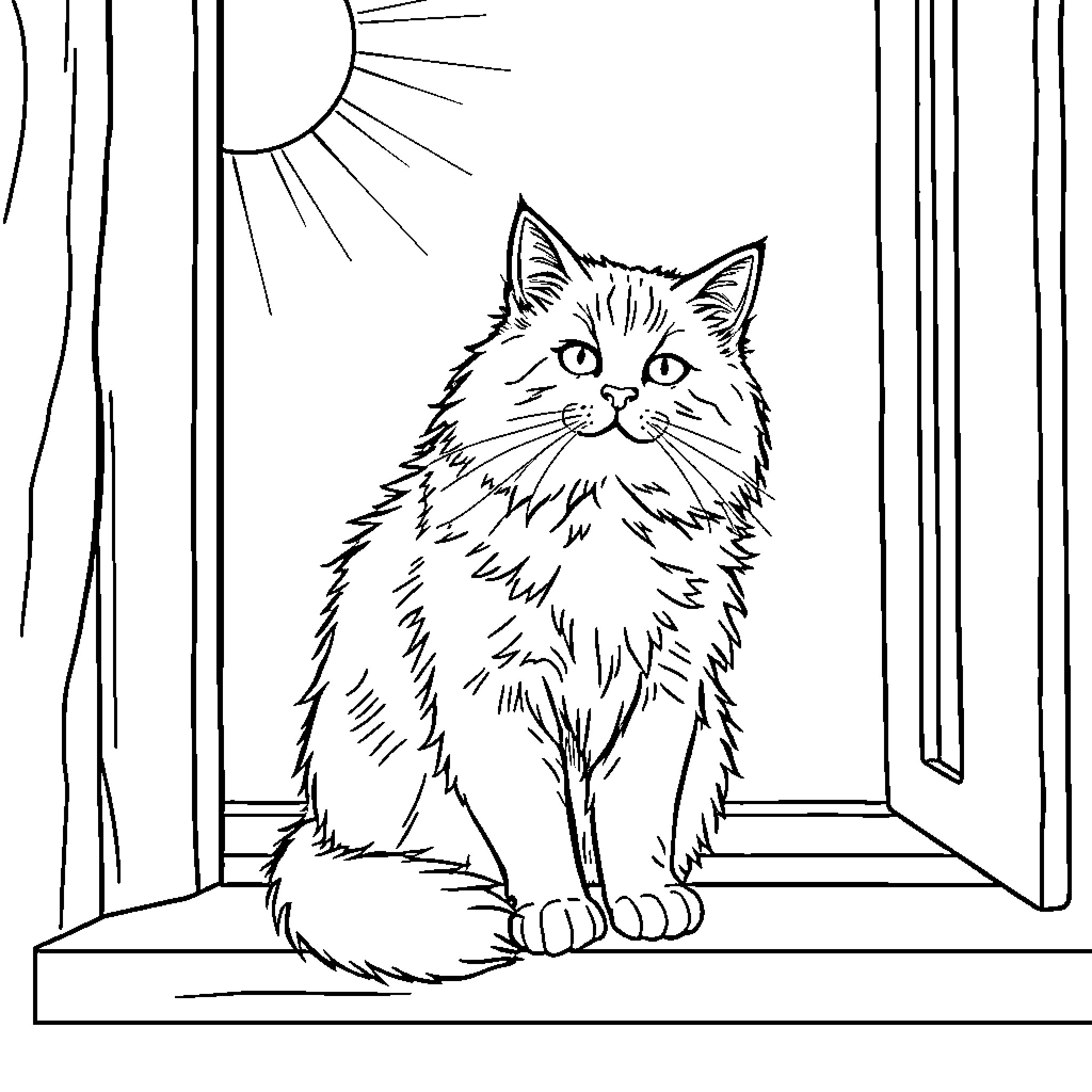 Cat sitting by the window Coloring Page (free black-and-white line drawing printable PDF for all, from beginners to advanced learners, including children, teens, adults, and seniors)
