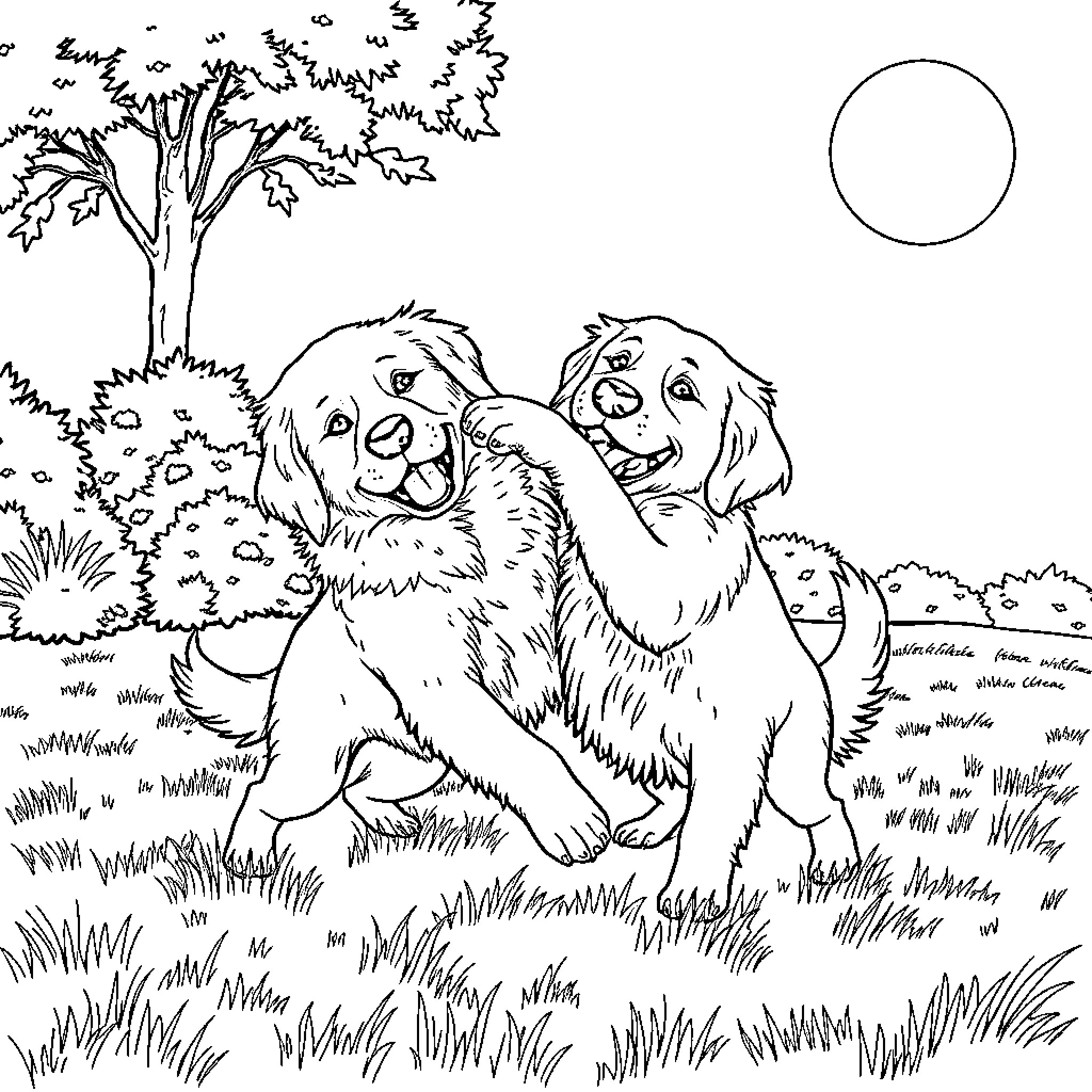 Golden Retriever Pals Enjoying Nature's Beauty Coloring Page (free black-and-white line drawing printable PDF for all, from beginners to advanced learners, including children, teens, adults, and seniors)