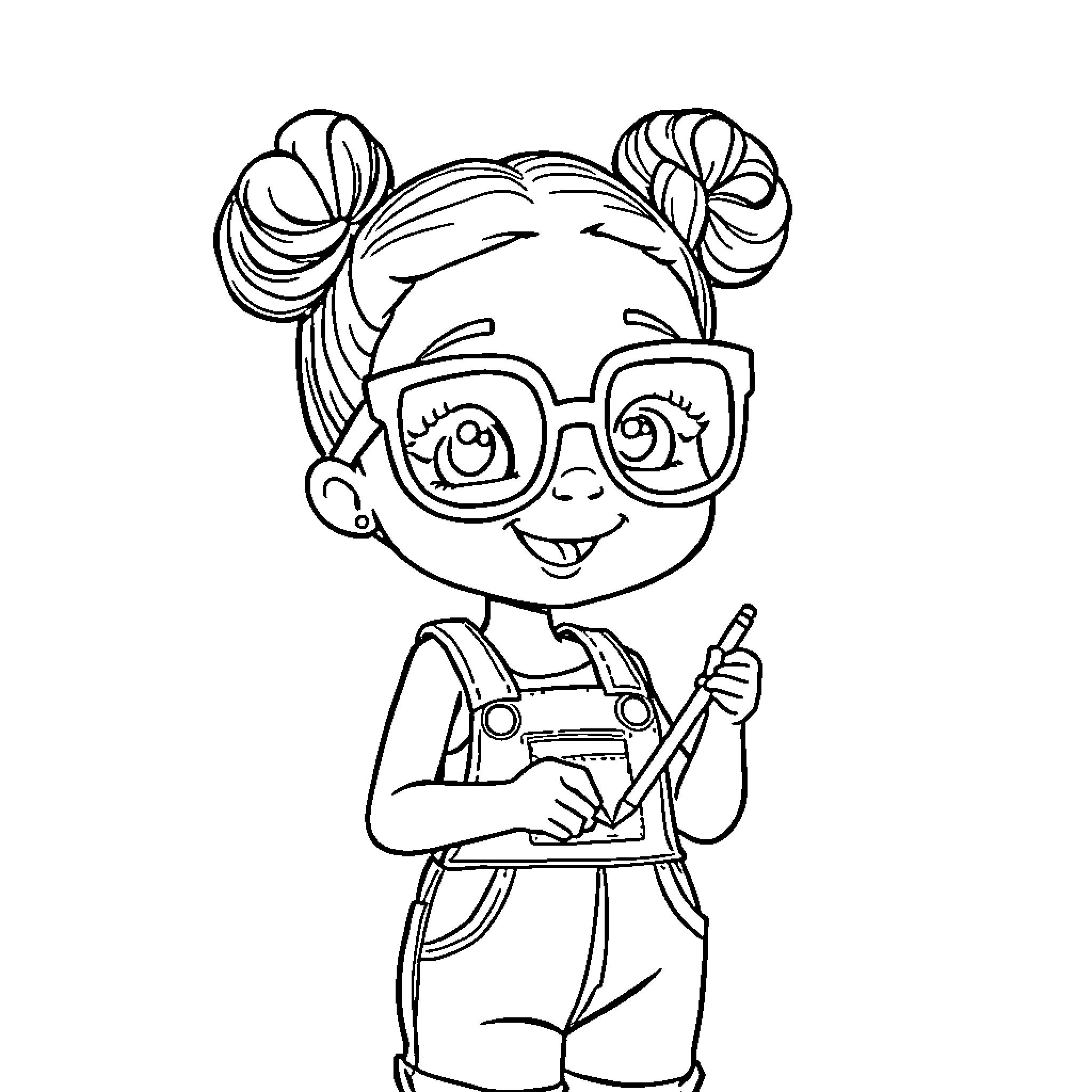 Girl in Glasses Holding Pencil with Playful Expression Coloring Page (free black-and-white line drawing printable PDF for all, from beginners to advanced learners, including children, teens, adults, and seniors)