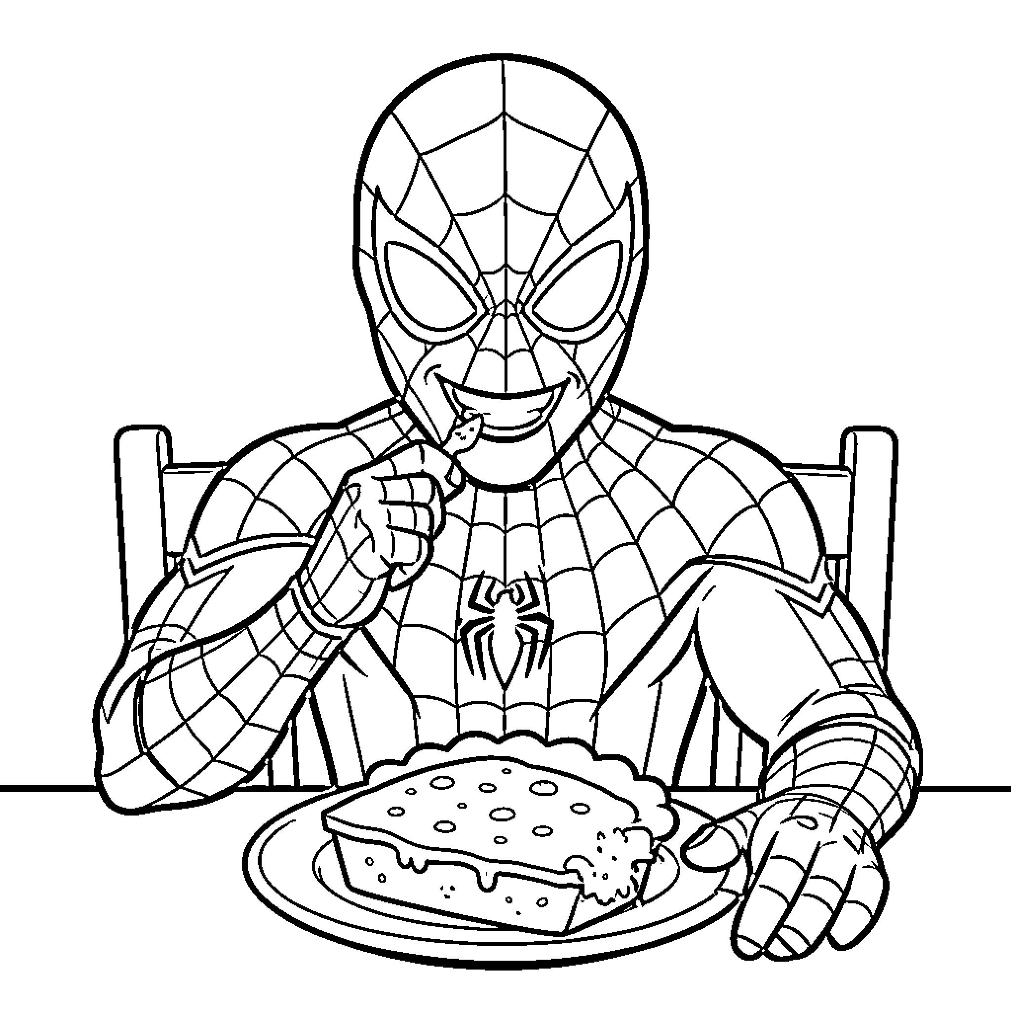 Spiderman eating a burger happily Coloring Page (free black-and-white line drawing printable PDF for all, from beginners to advanced learners, including children, teens, adults, and seniors)