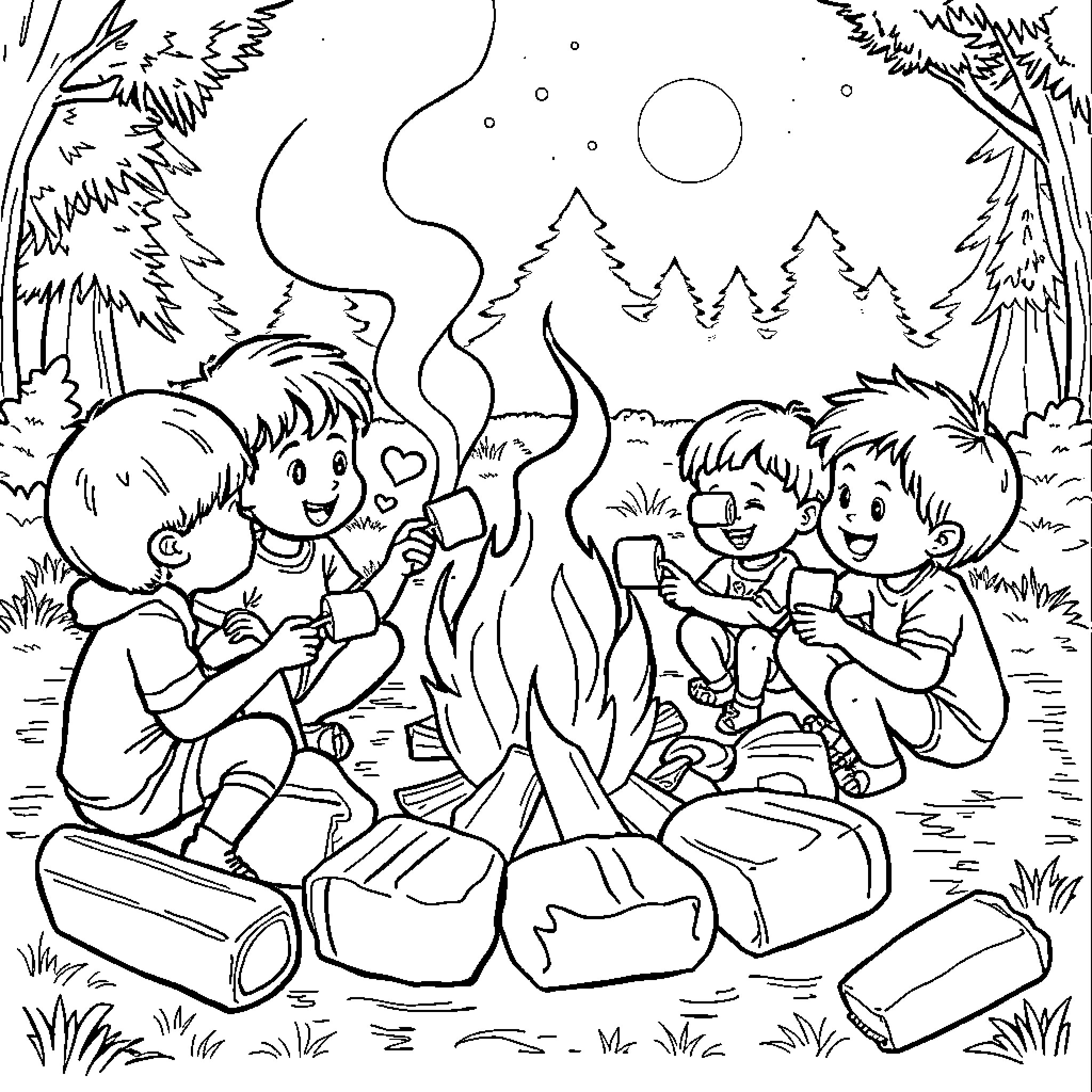 Child friends roasting marshmallows around campfire in forest Coloring Page (free black-and-white line drawing printable PDF for all, from beginners to advanced learners, including children, teens, adults, and seniors)