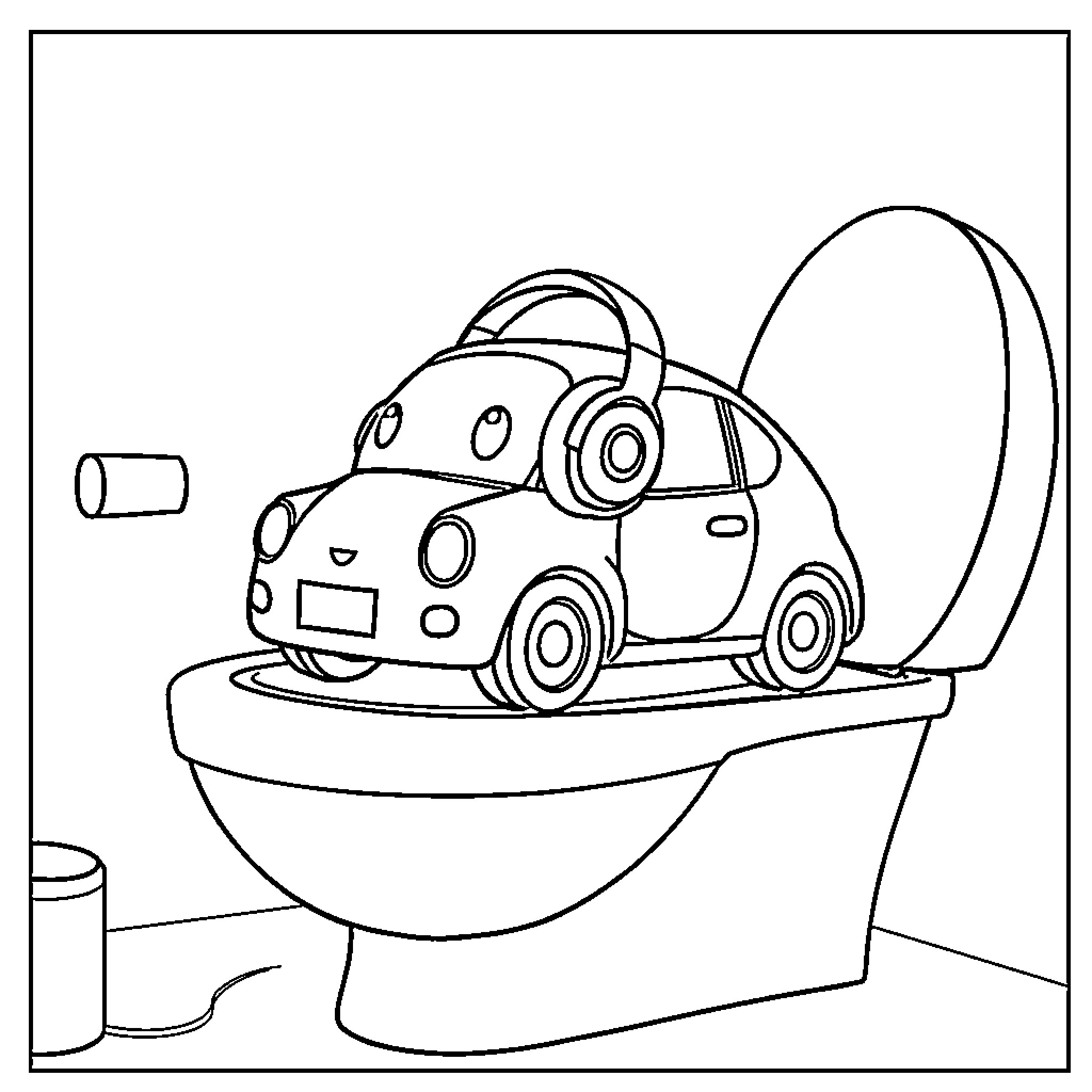 Car Washing in Whimsical Bathroom Scene Coloring Page (free black-and-white line drawing printable PDF for all, from beginners to advanced learners, including children, teens, adults, and seniors)