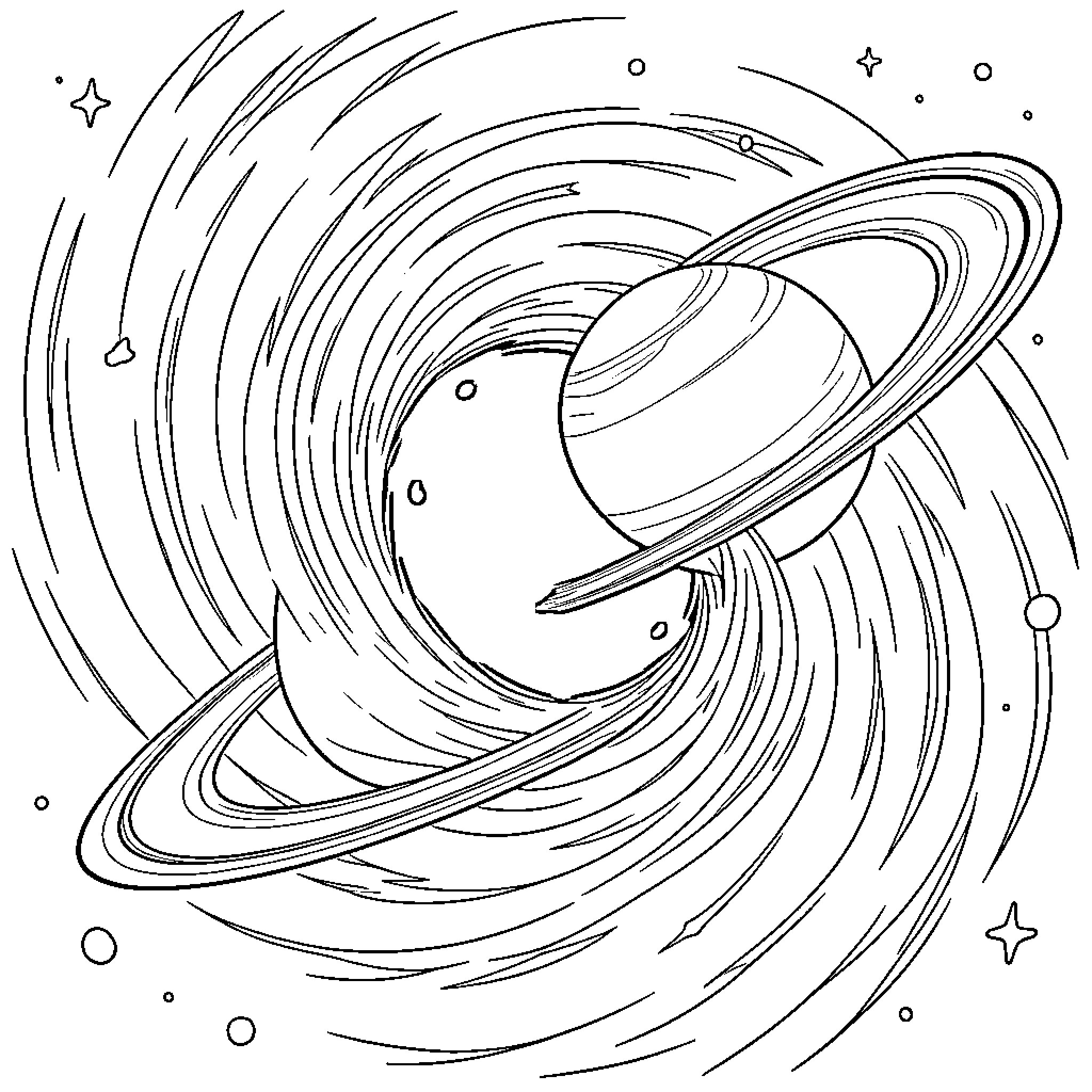 Blackhole Gravitational Vortex in Space Coloring Page (free black-and-white line drawing printable PDF for all, from beginners to advanced learners, including children, teens, adults, and seniors)