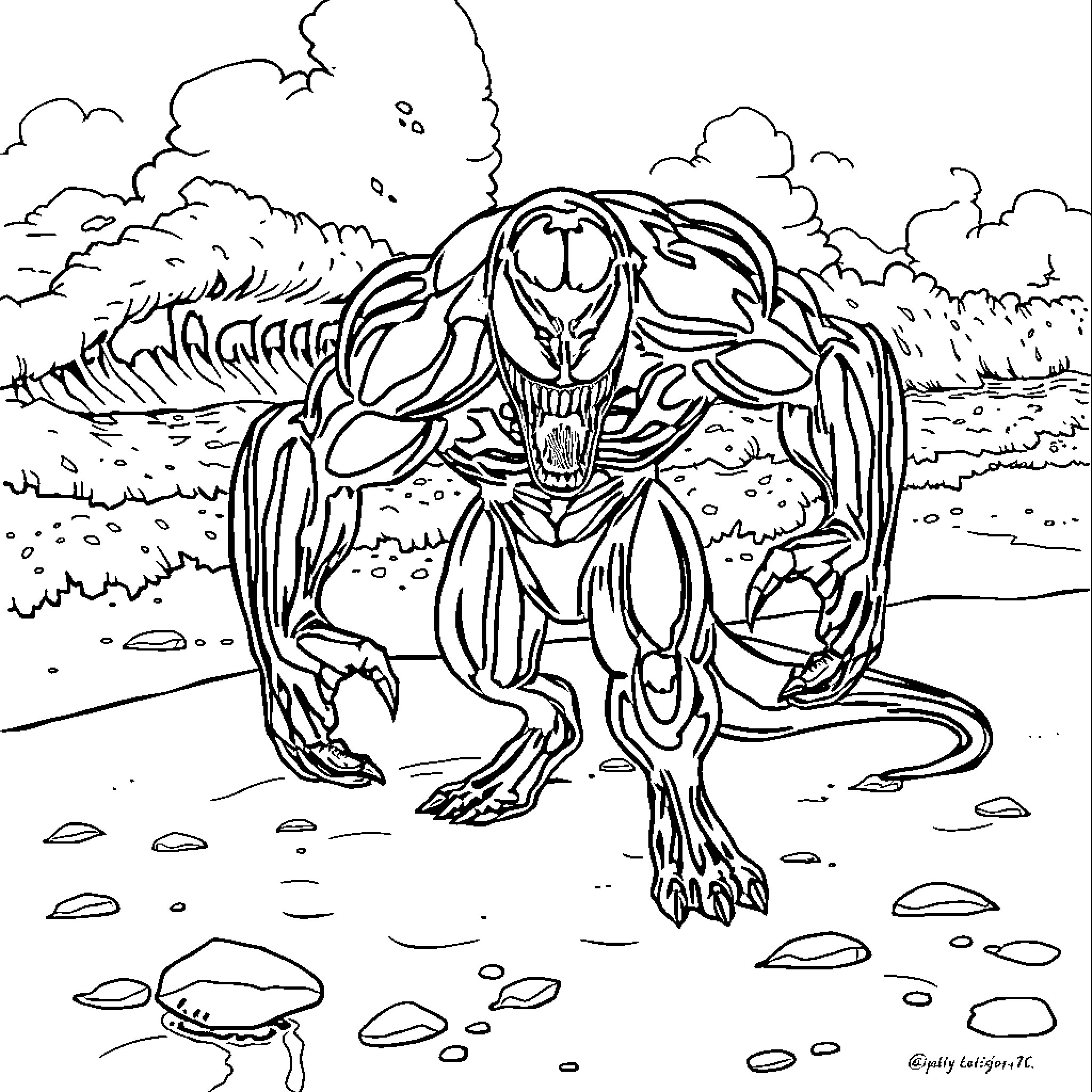 Venom crouching menacingly in a natural landscape Coloring Page (free black-and-white line drawing printable PDF for all, from beginners to advanced learners, including children, teens, adults, and seniors)