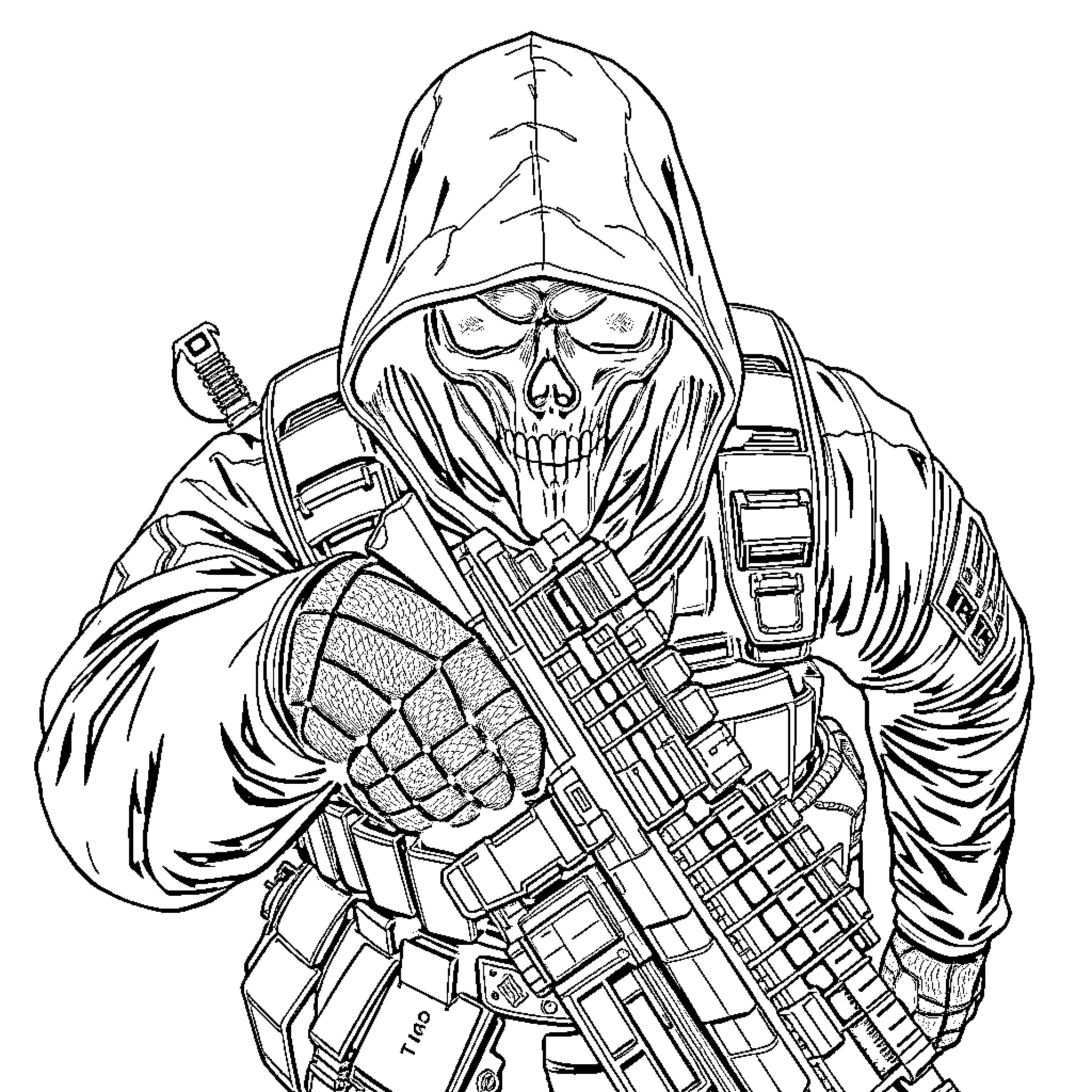 Ghost Wielding Menacing Skull Mask and Firearm Coloring Page (free black-and-white line drawing printable PDF for all, from beginners to advanced learners, including children, teens, adults, and seniors)
