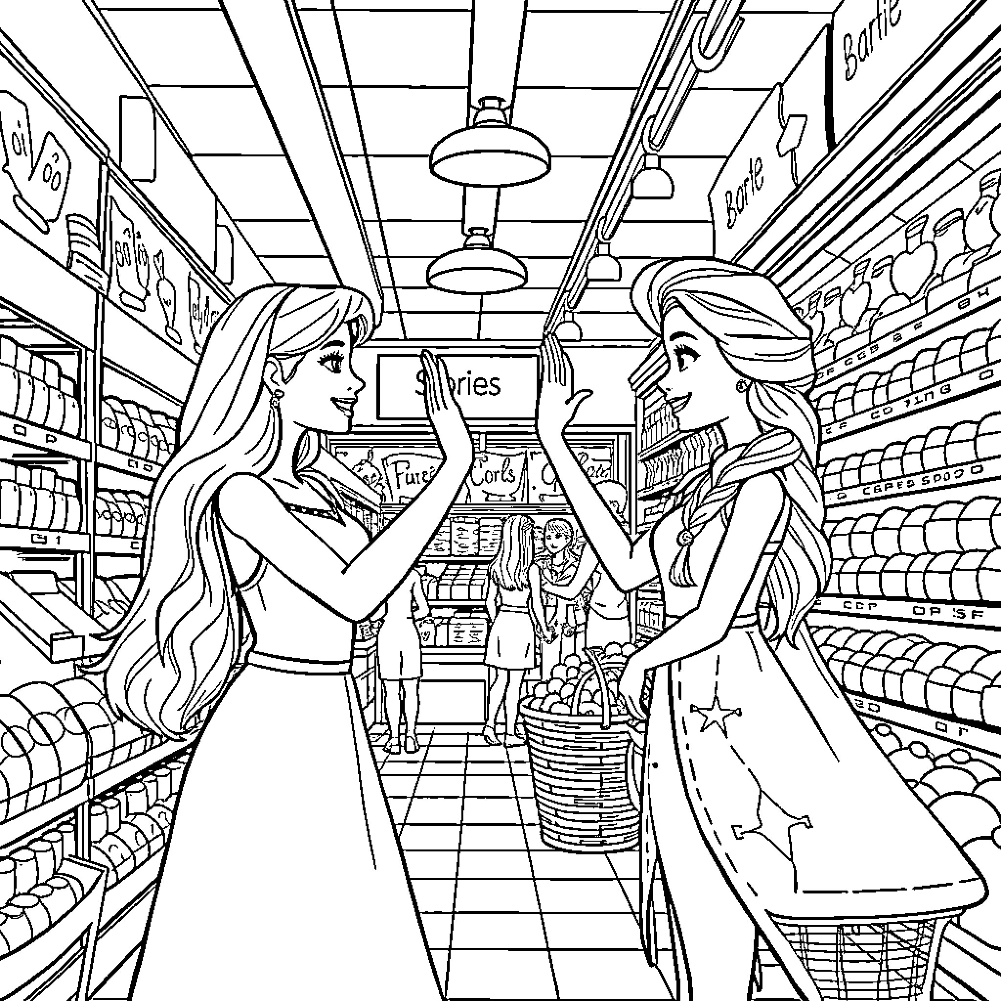 Barbie friends shopping together in the supermarket Coloring Page (free black-and-white line drawing printable PDF for all, from beginners to advanced learners, including children, teens, adults, and seniors)