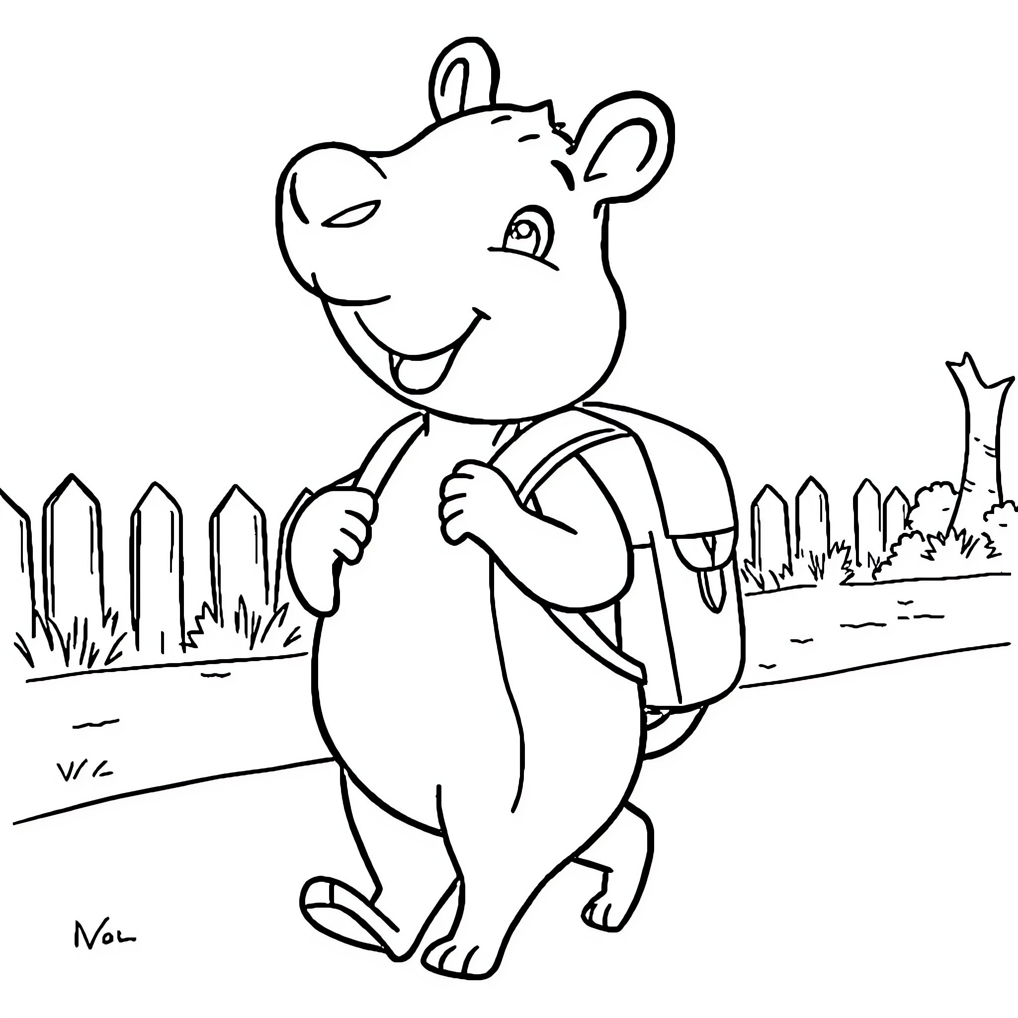 Capybara carrying a backpack and walking through the park Coloring Page (free black-and-white line drawing printable PDF for all, from beginners to advanced learners, including children, teens, adults, and seniors)