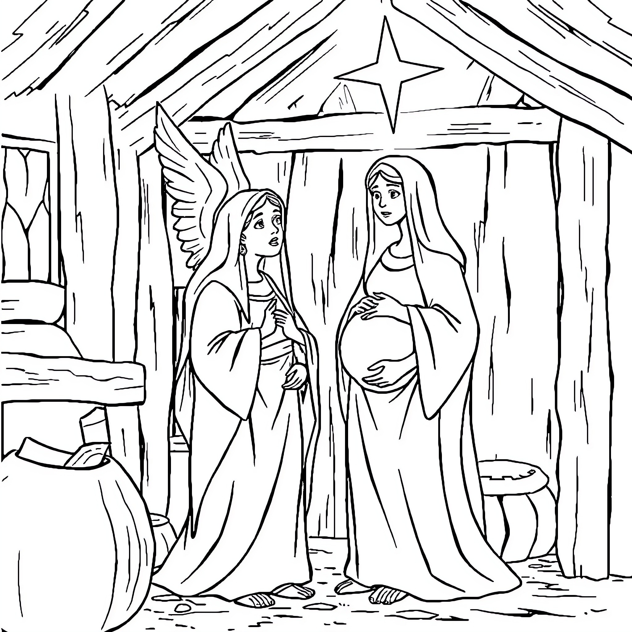 Mary's Nativity Scene: Angels and Expectant Mother Coloring Page (free black-and-white line drawing printable PDF for all, from beginners to advanced learners, including children, teens, adults, and seniors)