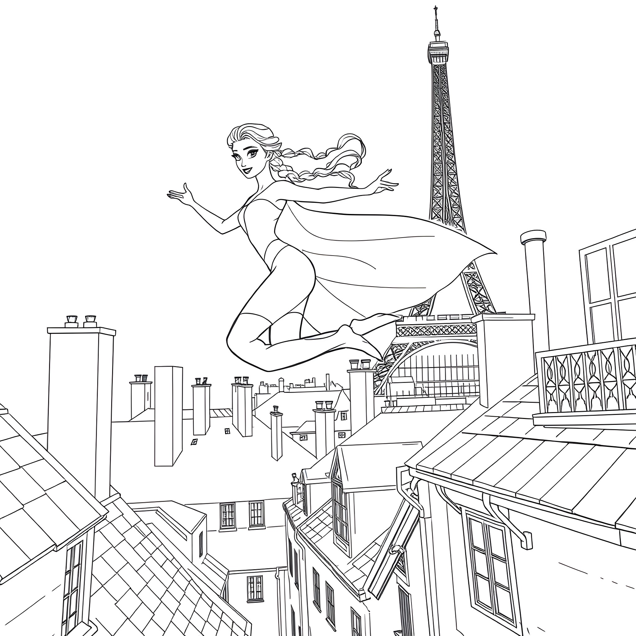 Elsa's Magical Flight Over the Parisian Skyline Coloring Page (free black-and-white line drawing printable PDF for all, from beginners to advanced learners, including children, teens, adults, and seniors)