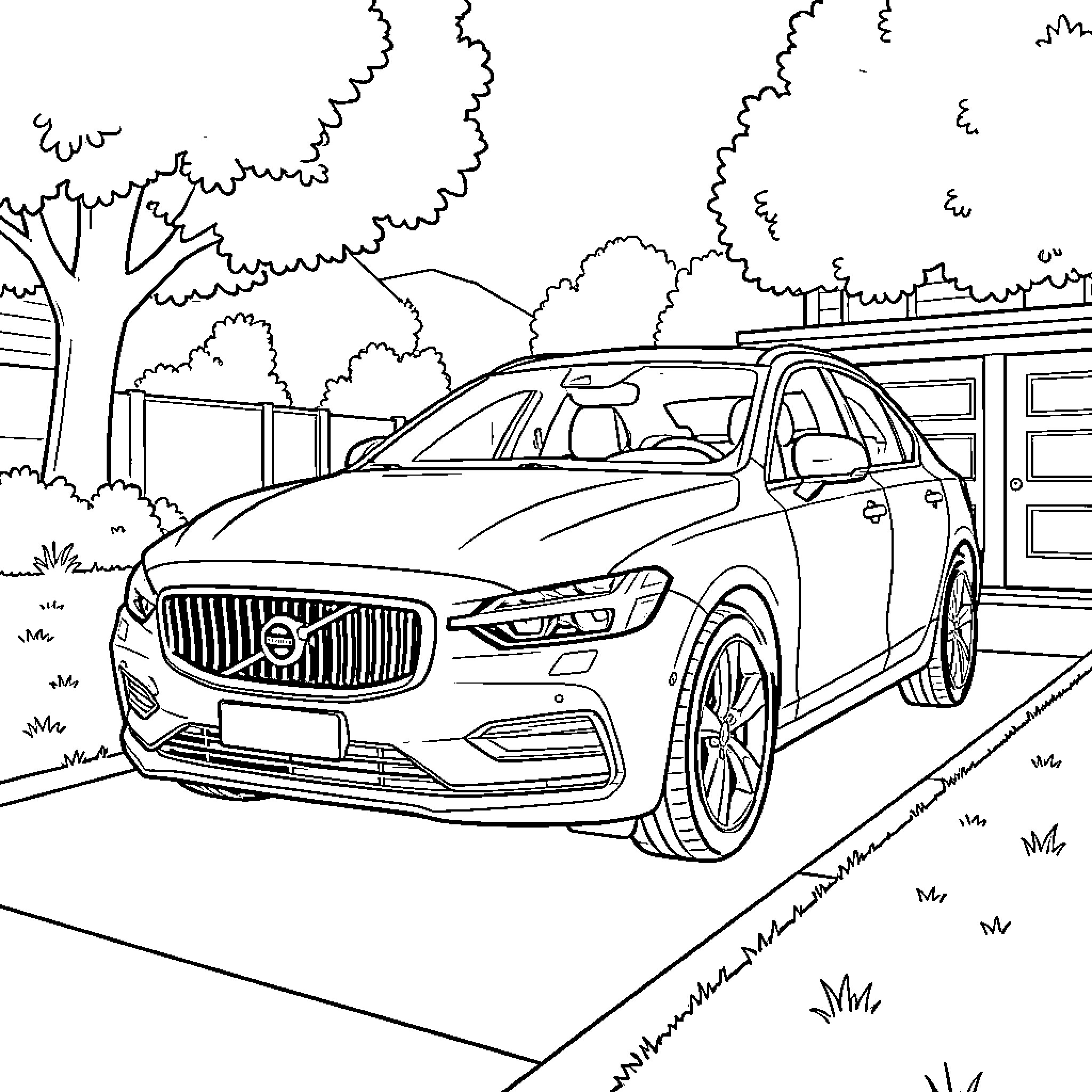 Volvo sedan driving through idyllic suburban landscape Coloring Page (free black-and-white line drawing printable PDF for all, from beginners to advanced learners, including children, teens, adults, and seniors)